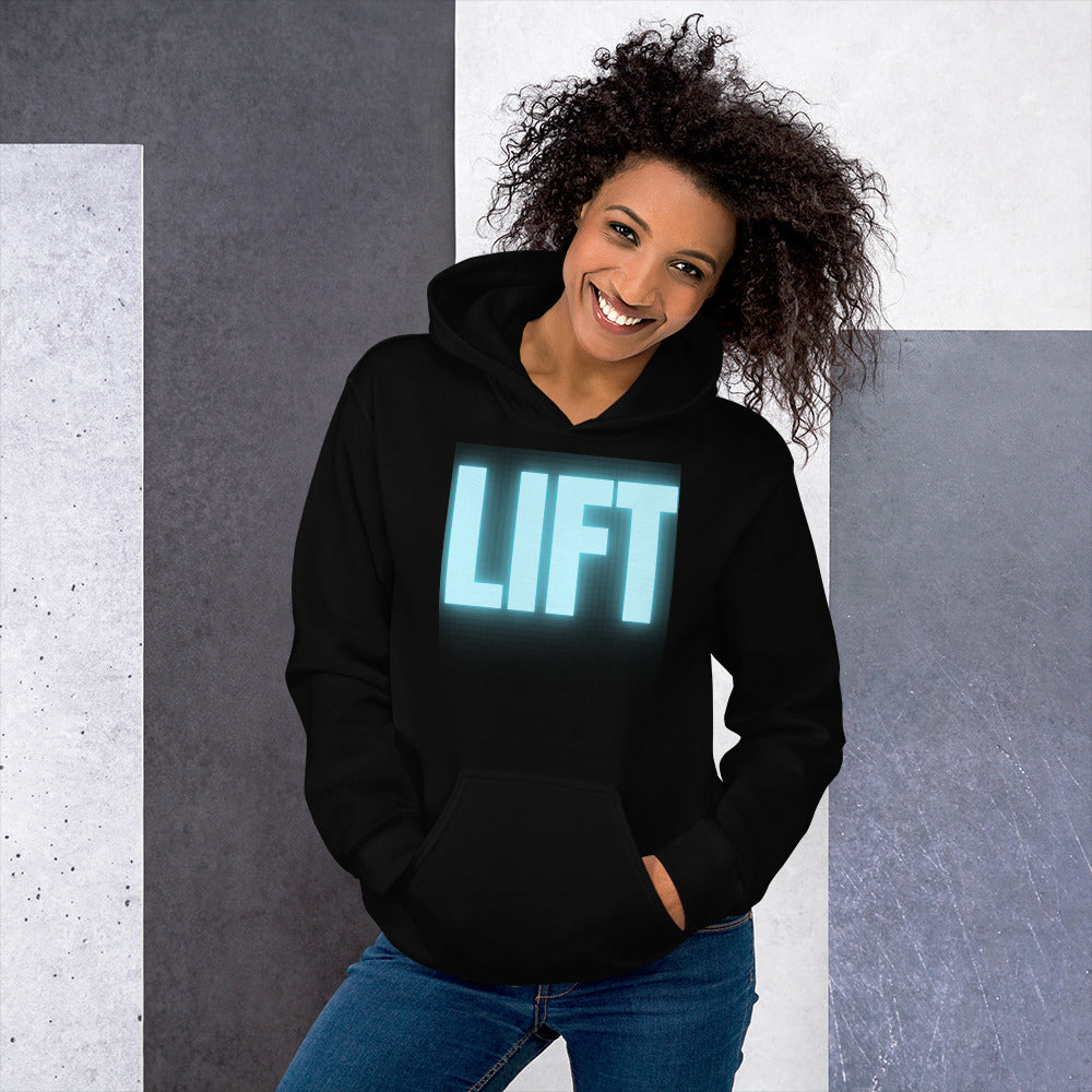 "Lift" Unisex Hoodie Turquoise Text Glow by Dumbbells and Hotels