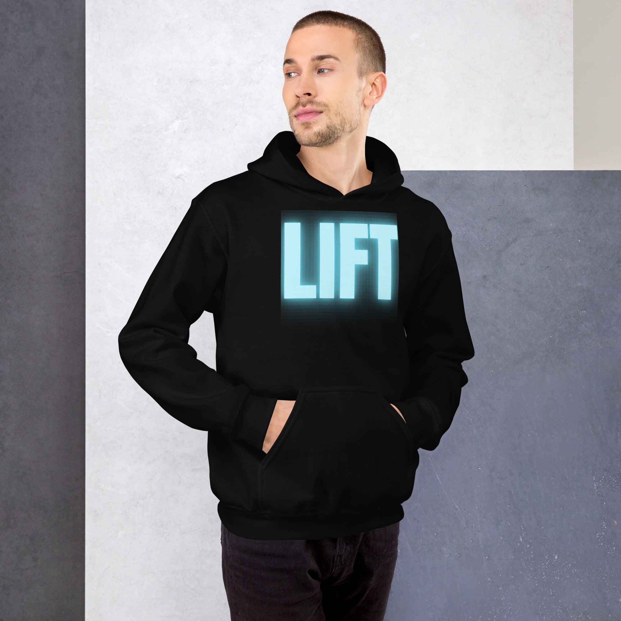 "Lift" Unisex Hoodie Turquoise Text Glow by Dumbbells and Hotels