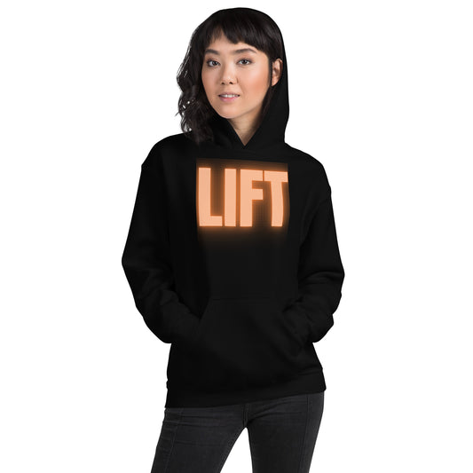 "Lift" Unisex Hoodie Orange Text Glow by Dumbbells and Hotels