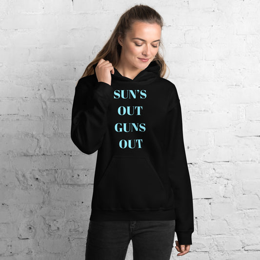 "Sun's Out, Guns Out" Unisex Hoodie Turquoise Text Glitch by Dumbbells and Hotels