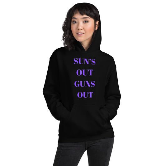 "Sun's Out, Guns Out" Unisex Hoodie Purple Text Glitch by Dumbbells and Hotels