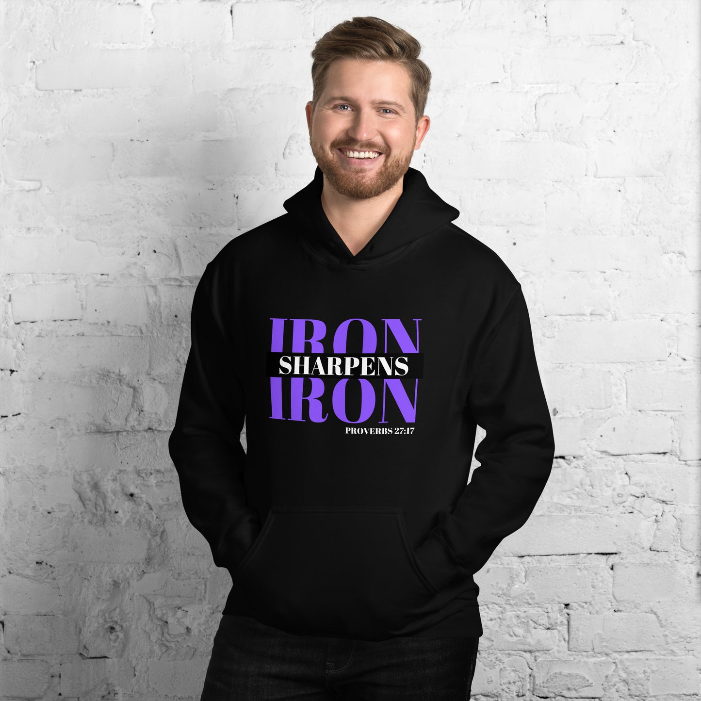 "Iron Sharpens Iron. Proverbs 27:17" Unisex Hoodie Purple Text Stack by Dumbbells and Hotels