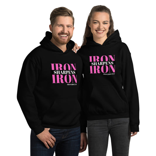 "Iron Sharpens Iron. Proverbs 27:17" Unisex Hoodie Pink Text Stack by Dumbbells and Hotels