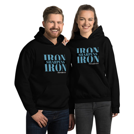 "Iron Sharpens Iron. Proverbs 27:17" Unisex Hoodie Turquoise Text Stack by Dumbbells and Hotels