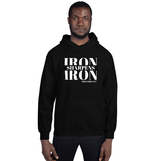 "Iron Sharpens Iron. Proverbs 27:17" Unisex Hoodie White Text Stack by Dumbbells and Hotels