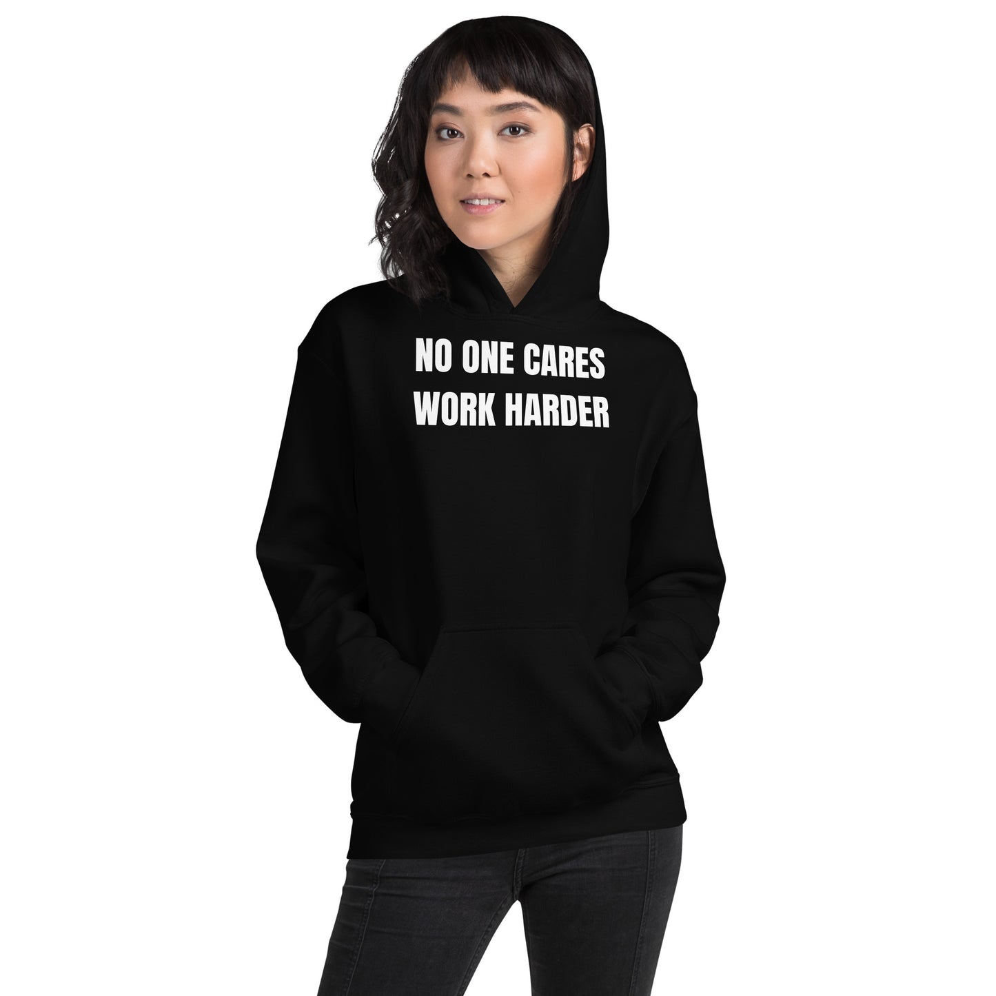 "No One Cares. Work Harder" Unisex Hoodie White Text Impact by Dumbbells and Hotels