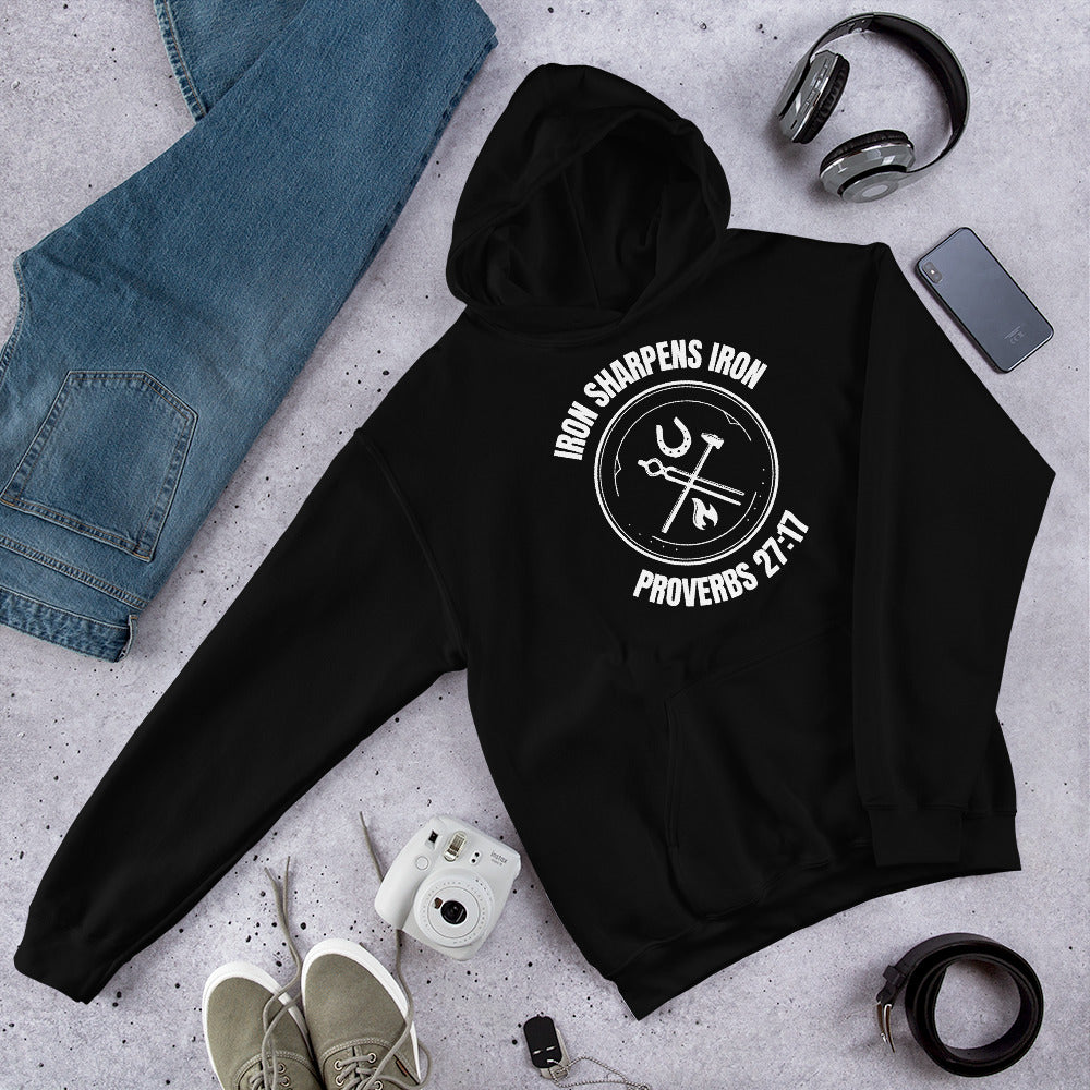 "Iron Sharpens Iron. Proverbs 27:17" Unisex Hoodie White Text Circle Logo by Dumbbells and Hotels