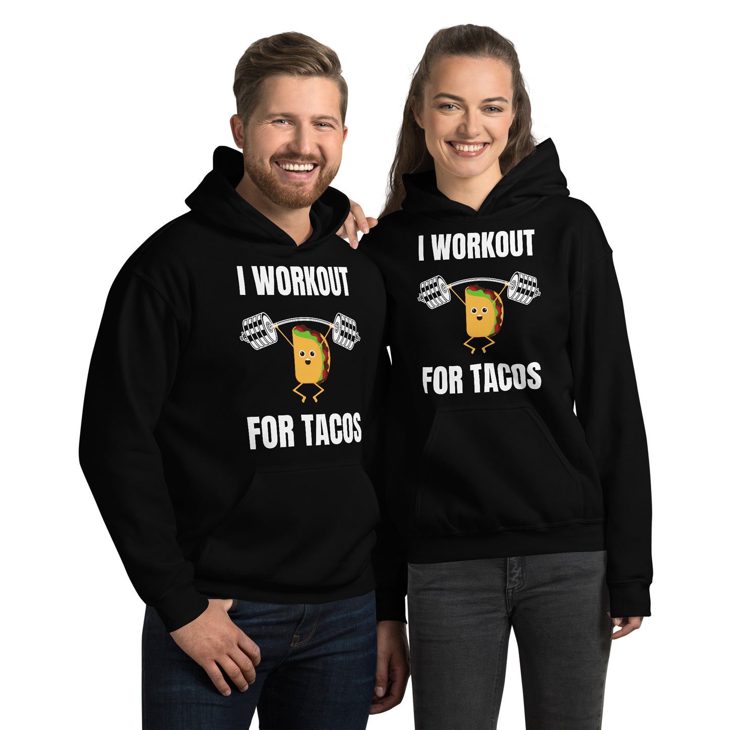 "I Workout for Tacos" Unisex Hoodie White Text Lifting Taco by Dumbbells and Hotels