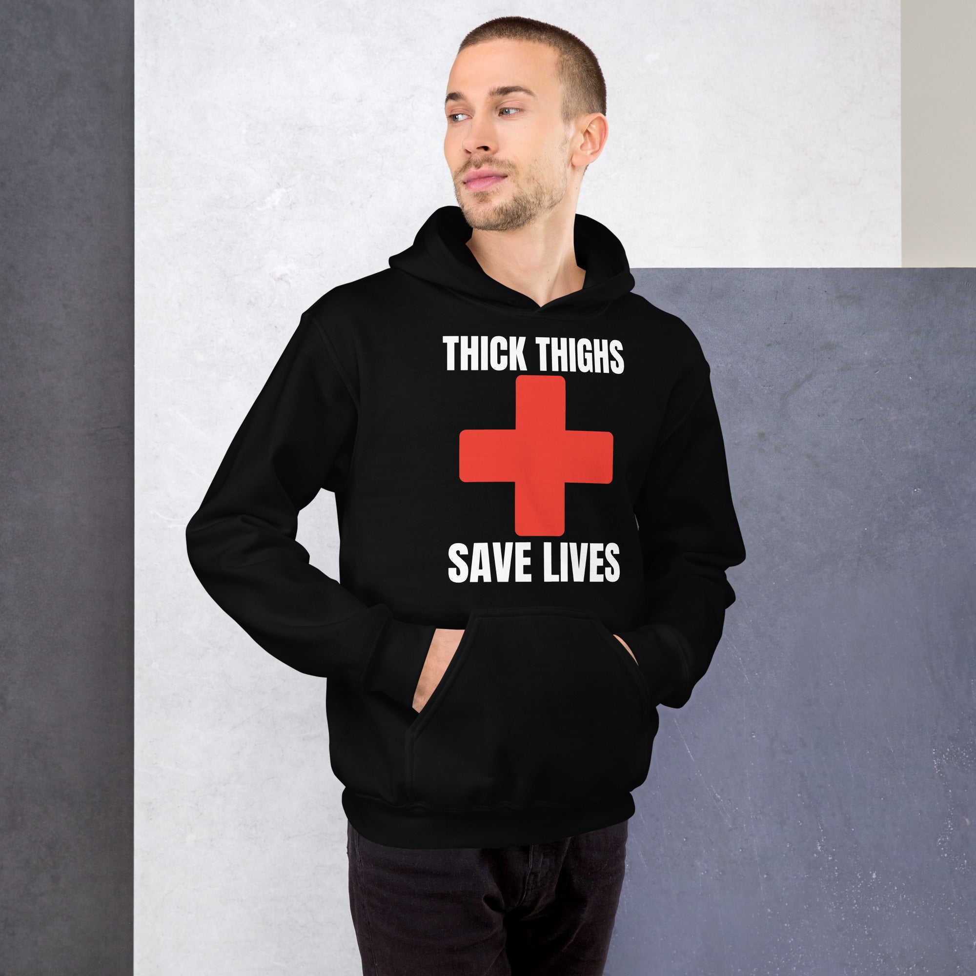 "Thick Thighs Save Lives" Unisex Hoodie White Text Red Cross by Dumbbells and Hotels