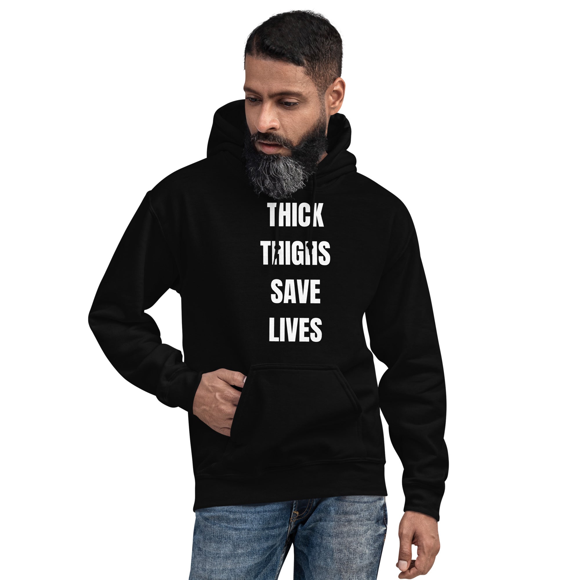 "Thick Thighs Save Lives" Unisex Hoodie White Text by Dumbbells and Hotels