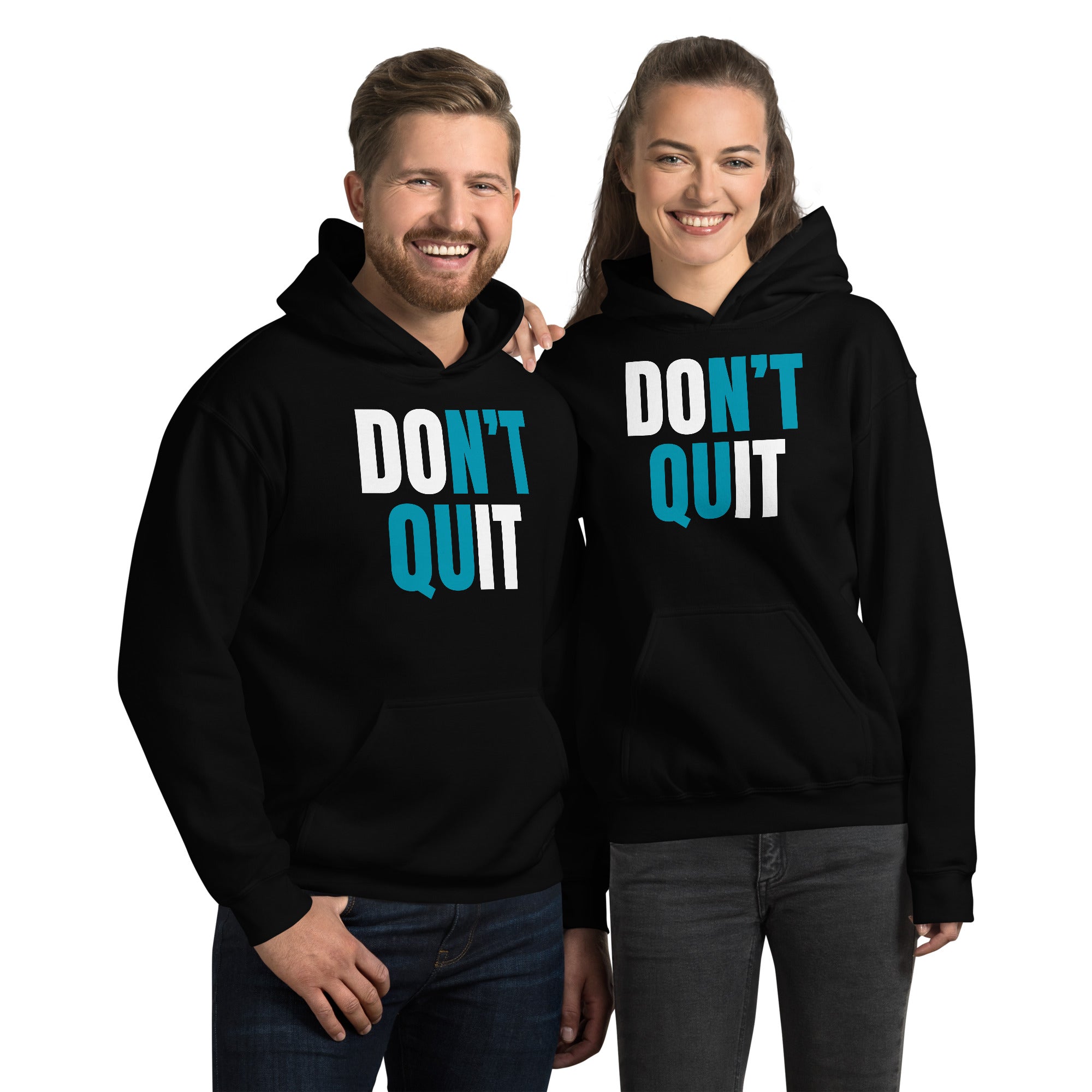 "Don't Quit" Unisex Hoodie White & Turquoise Text by Dumbbells and Hotels