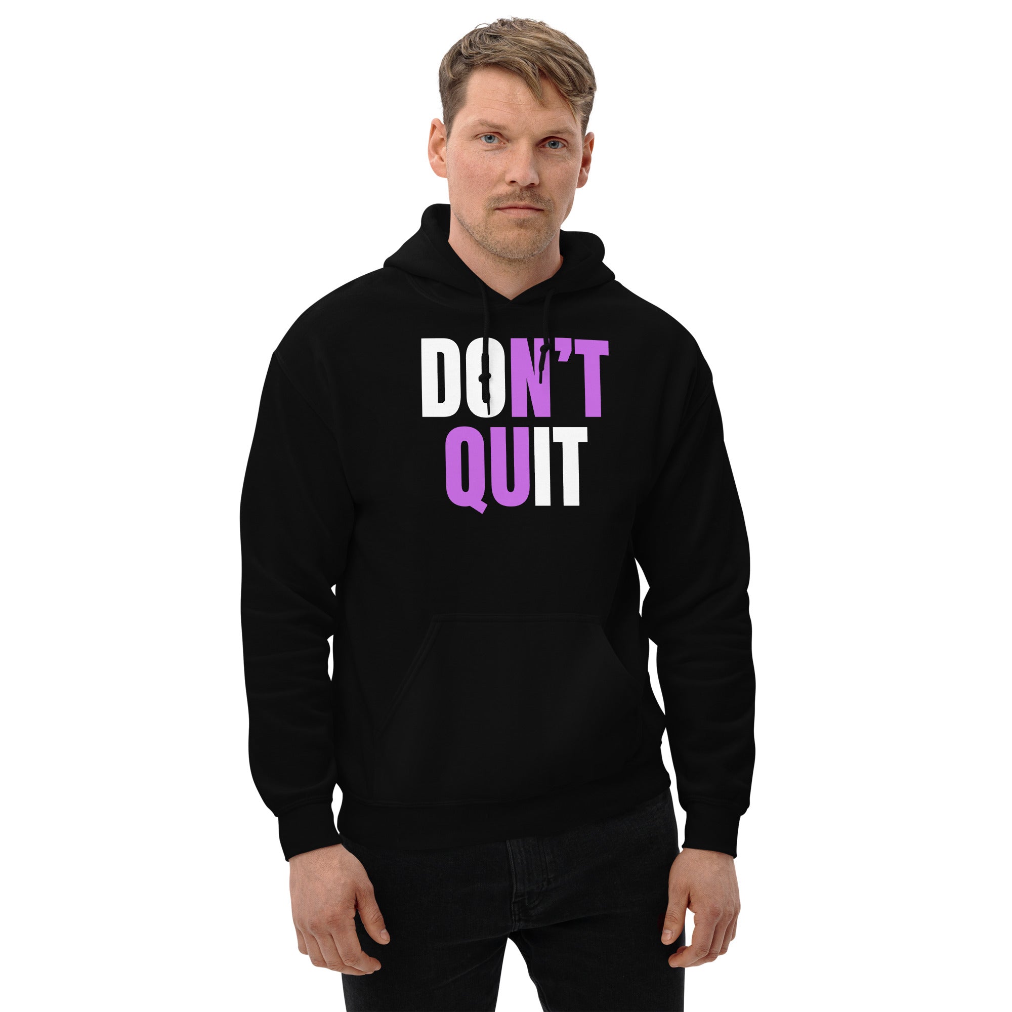 "Don't Quit" Unisex Hoodie White & Purple Text by Dumbbells and Hotels