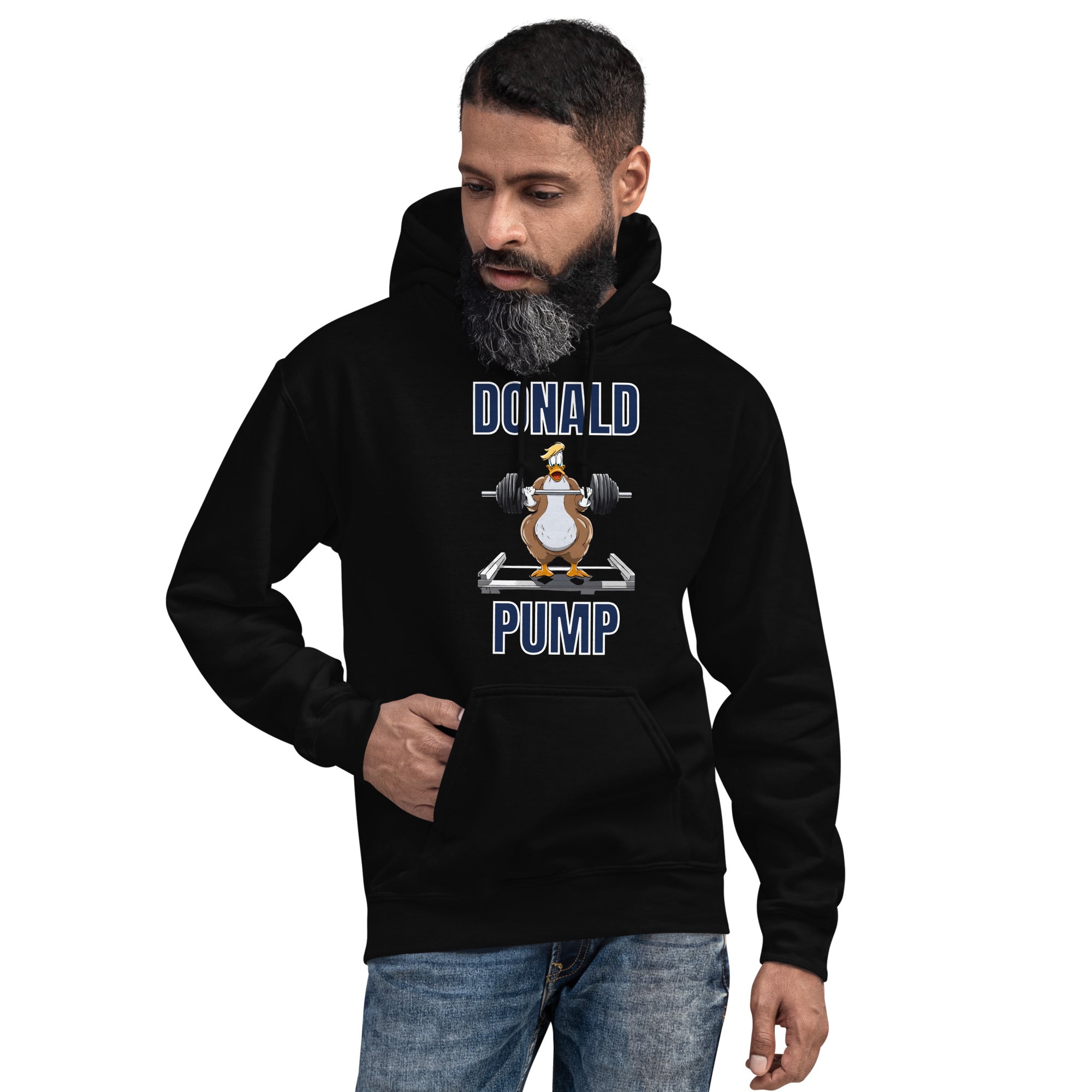 "Donald Pump" Unisex Hoodie Blue Text Lifting Duck by Dumbbells and Hotels