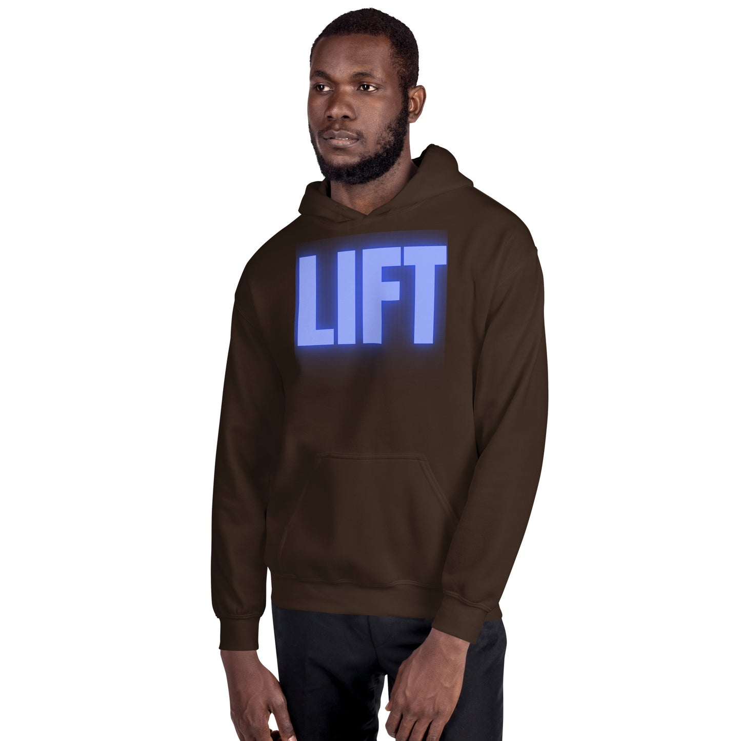 "Lift" Unisex Hoodie Blue Text Glow by Dumbbells and Hotels