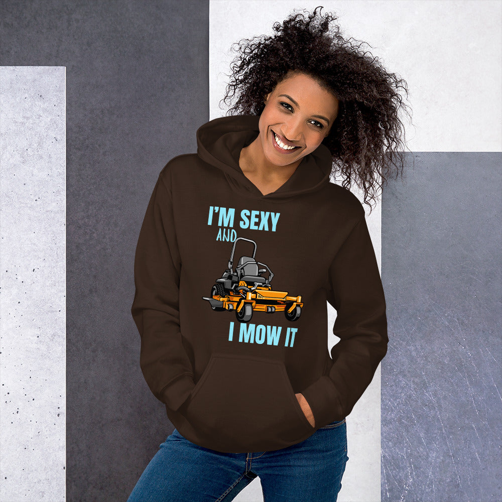 "I'm Sexy and I Mow it" Unisex Hoodie Turquoise Text Cartoon Mower by Dumbbells and Hotels