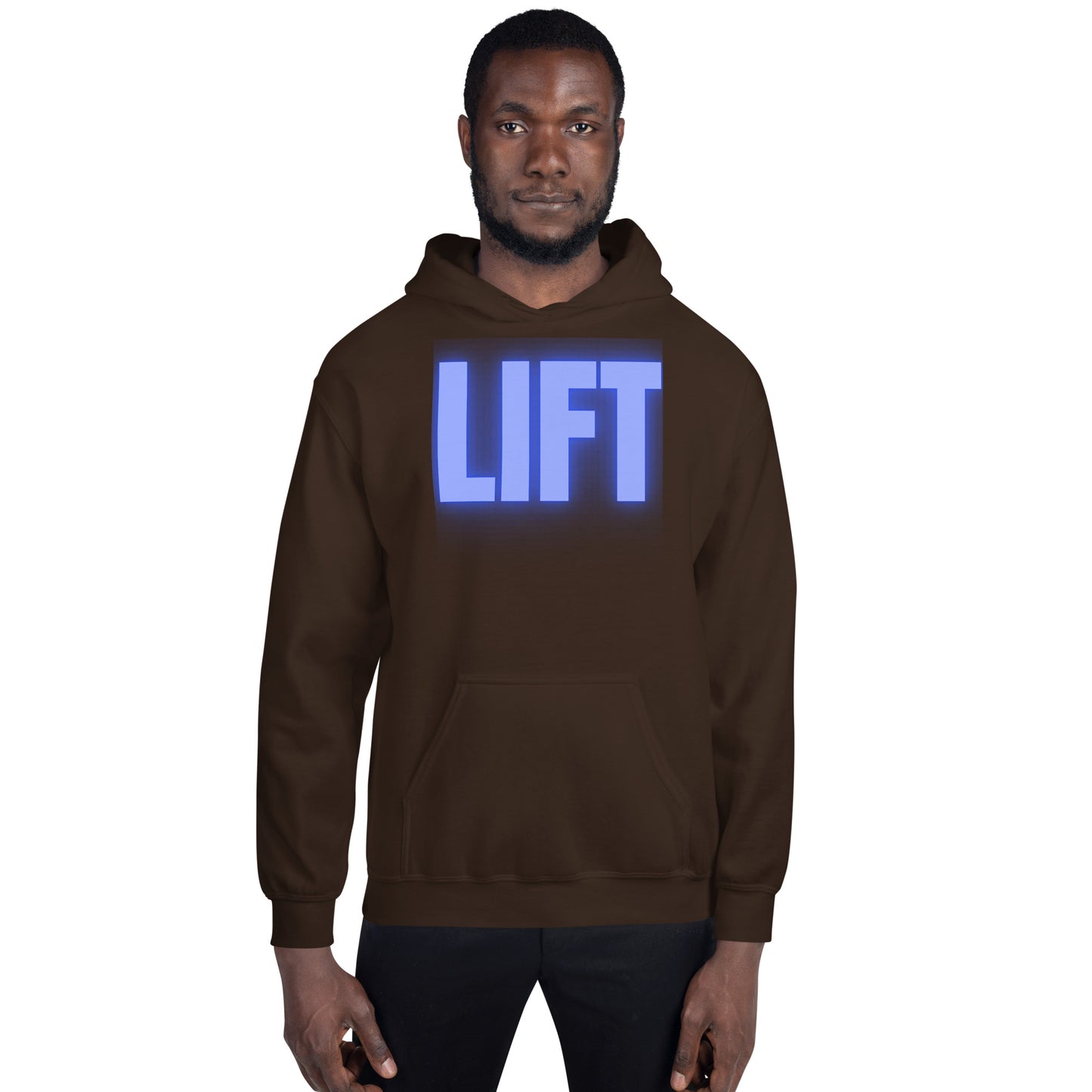 "Lift" Unisex Hoodie Blue Text Glow by Dumbbells and Hotels