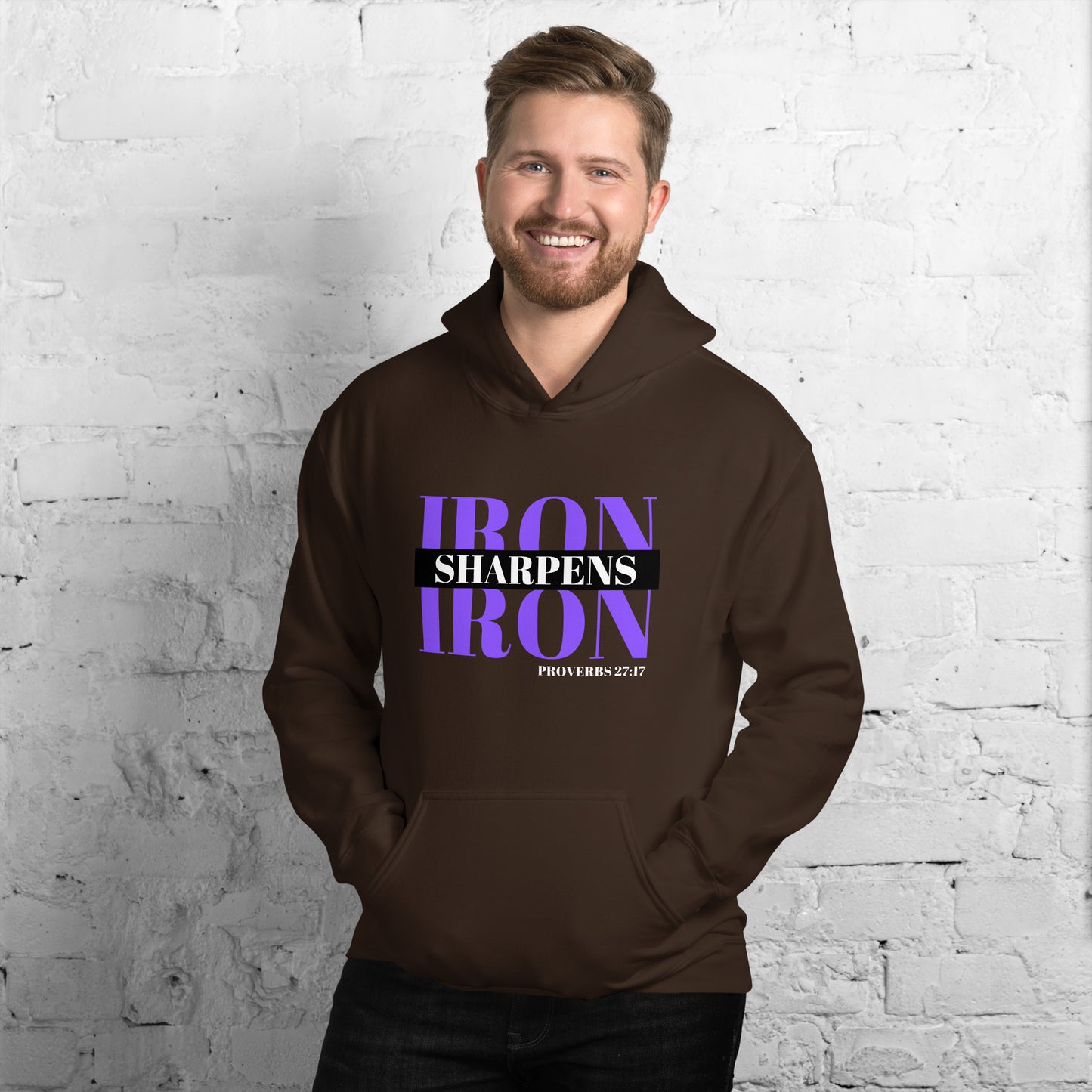 "Iron Sharpens Iron. Proverbs 27:17" Unisex Hoodie Purple Text Stack by Dumbbells and Hotels