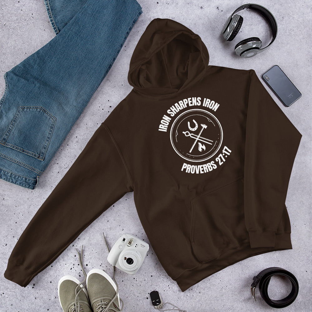 "Iron Sharpens Iron. Proverbs 27:17" Unisex Hoodie White Text Circle Logo by Dumbbells and Hotels