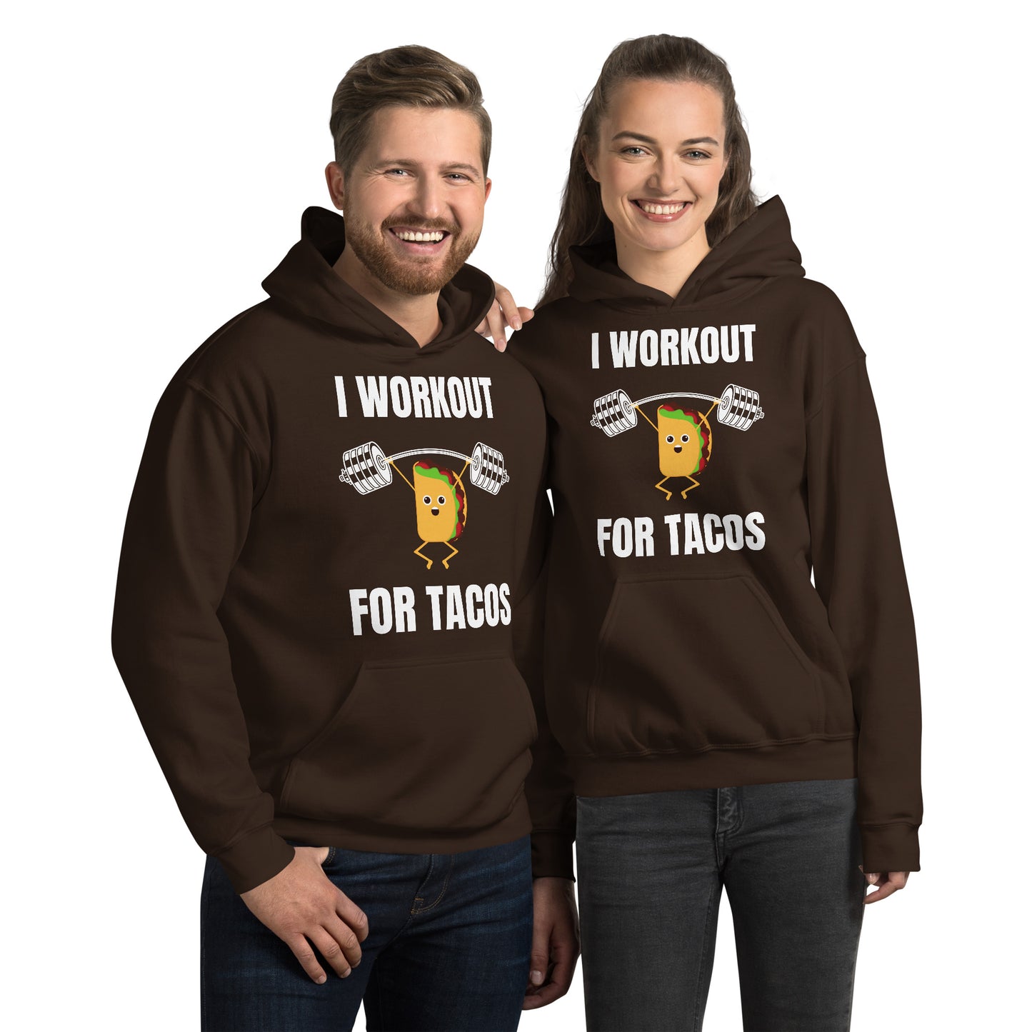 "I Workout for Tacos" Unisex Hoodie White Text Lifting Taco by Dumbbells and Hotels