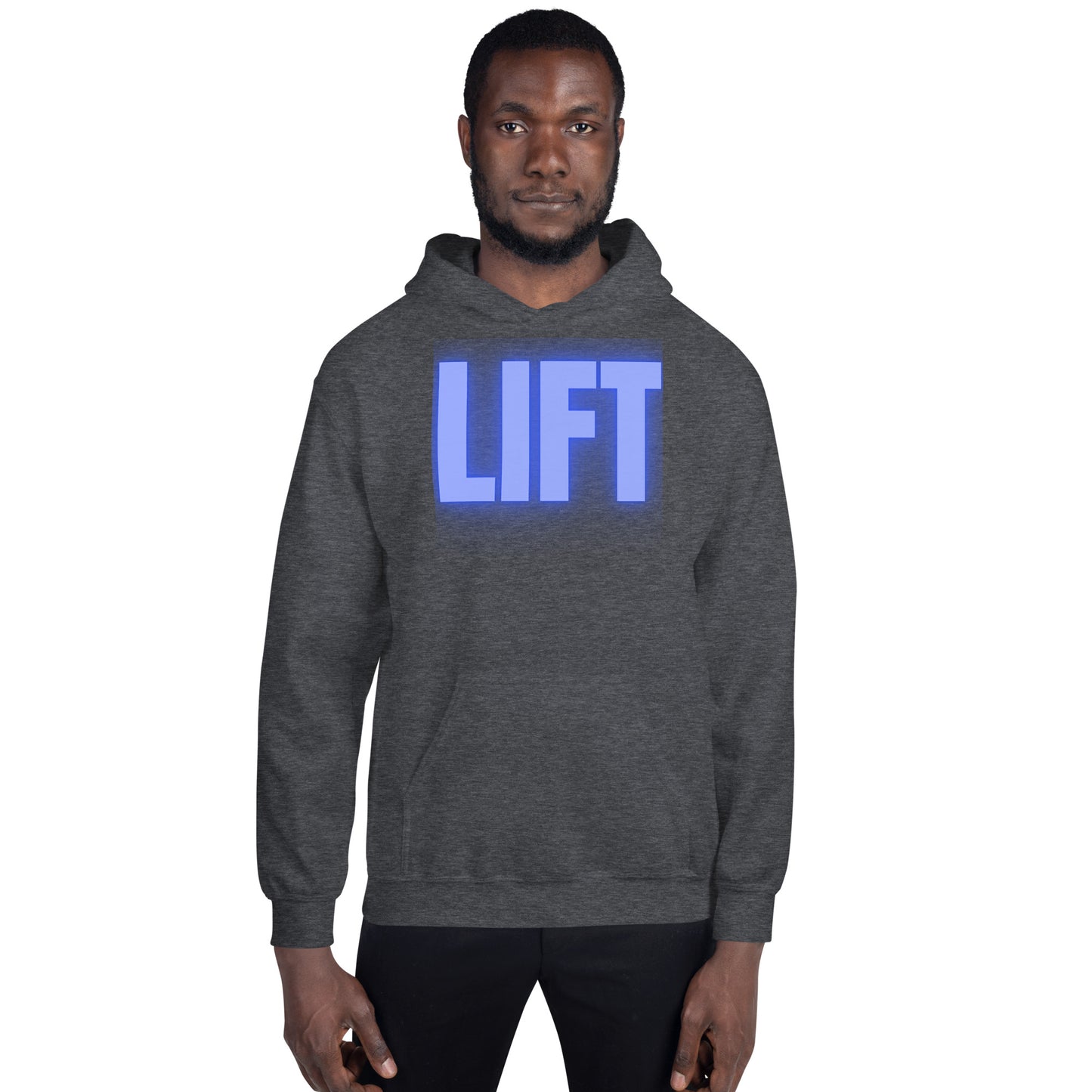 "Lift" Unisex Hoodie Blue Text Glow by Dumbbells and Hotels