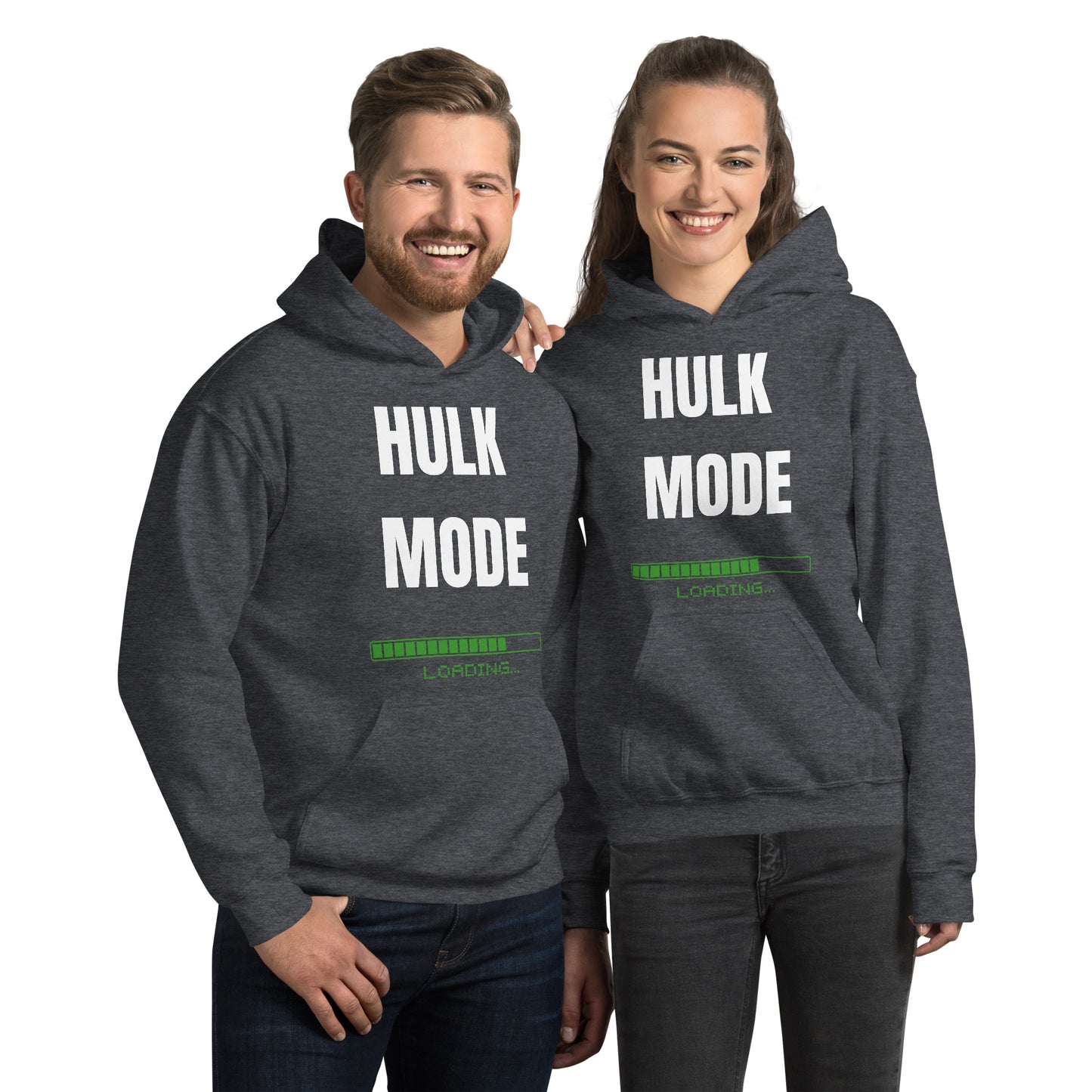 "Hulk Mode" Unisex Hoodie White Text Green Loading by Dumbbells and Hotels