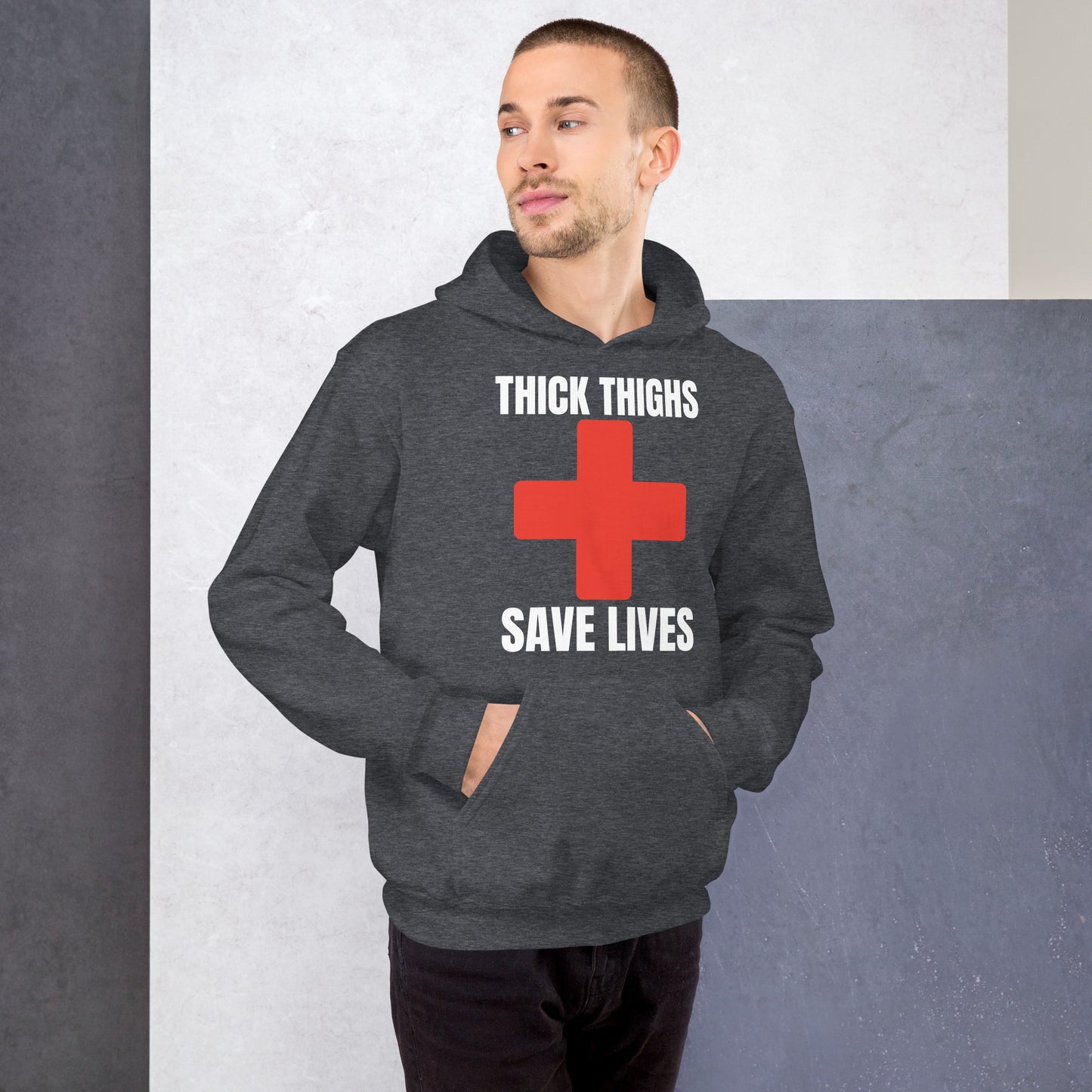 "Thick Thighs Save Lives" Unisex Hoodie White Text Red Cross by Dumbbells and Hotels