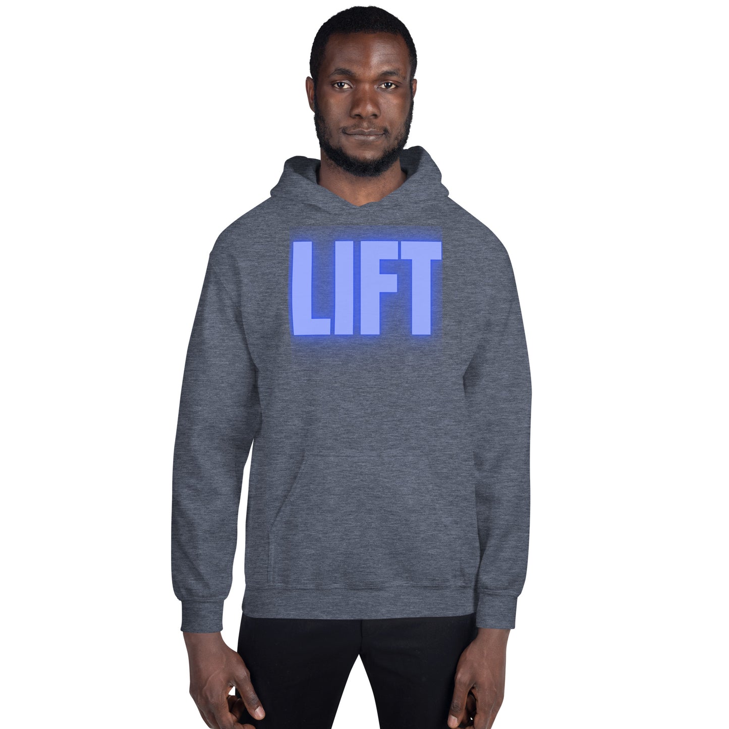 "Lift" Unisex Hoodie Blue Text Glow by Dumbbells and Hotels