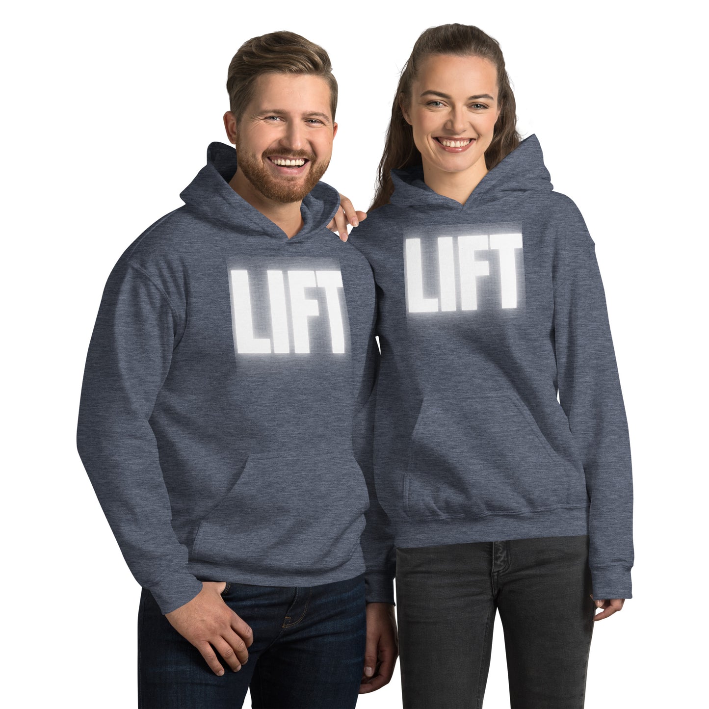 "Lift" Unisex Hoodie White Text Glow by Dumbbells and Hotels