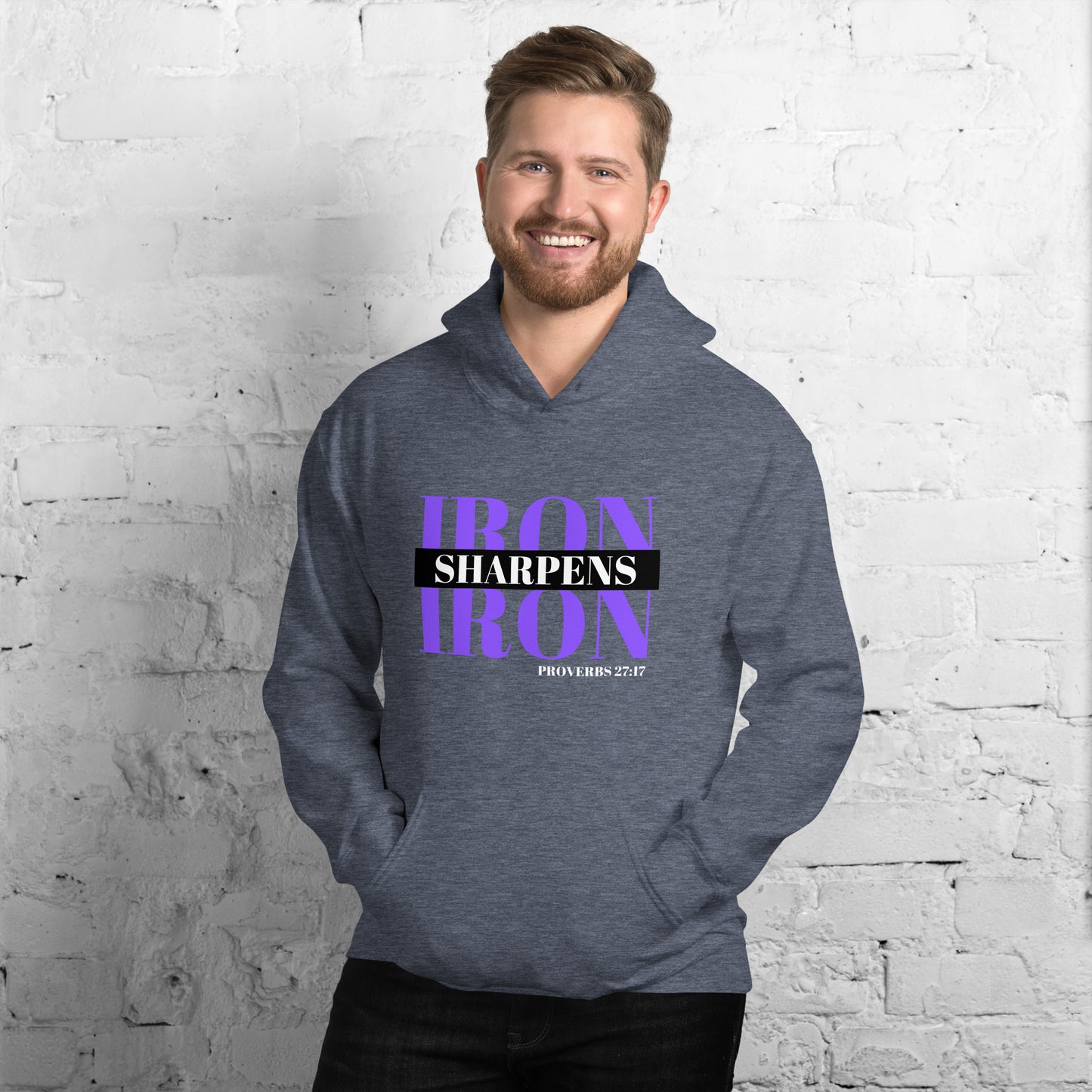 "Iron Sharpens Iron. Proverbs 27:17" Unisex Hoodie Purple Text Stack by Dumbbells and Hotels