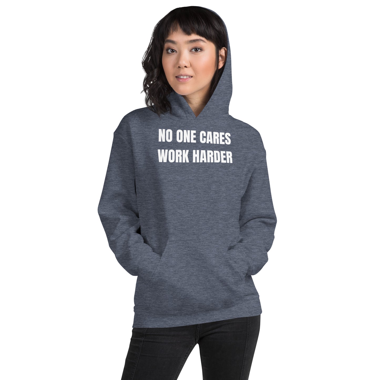 "No One Cares. Work Harder" Unisex Hoodie White Text Impact by Dumbbells and Hotels