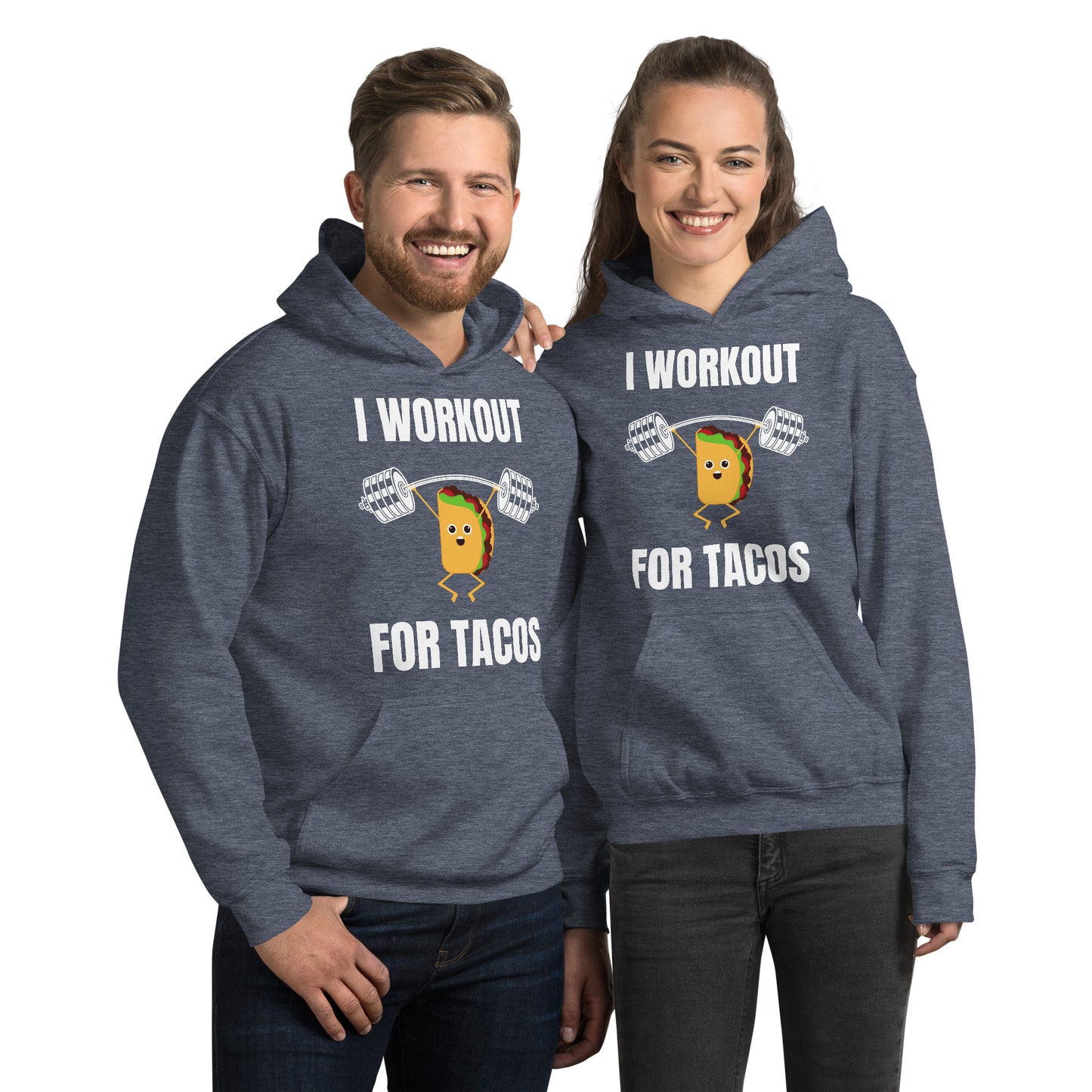 "I Workout for Tacos" Unisex Hoodie White Text Lifting Taco by Dumbbells and Hotels