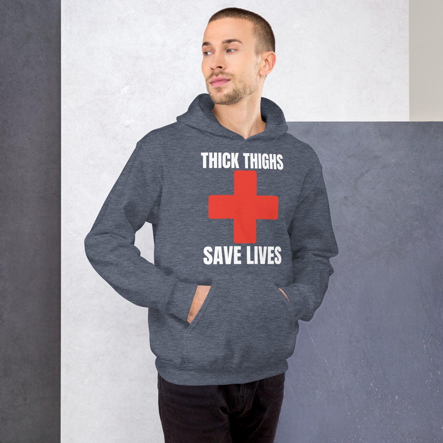 "Thick Thighs Save Lives" Unisex Hoodie White Text Red Cross by Dumbbells and Hotels