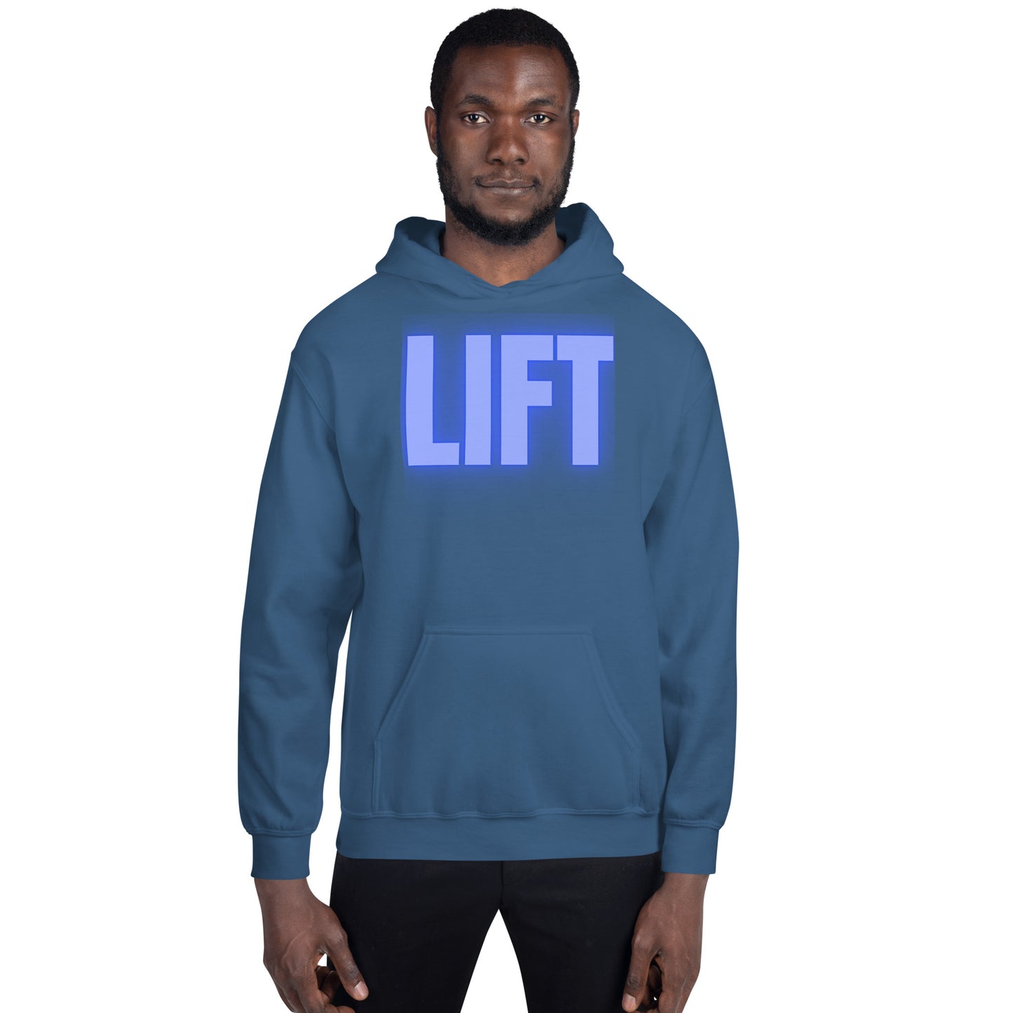 "Lift" Unisex Hoodie Blue Text Glow by Dumbbells and Hotels