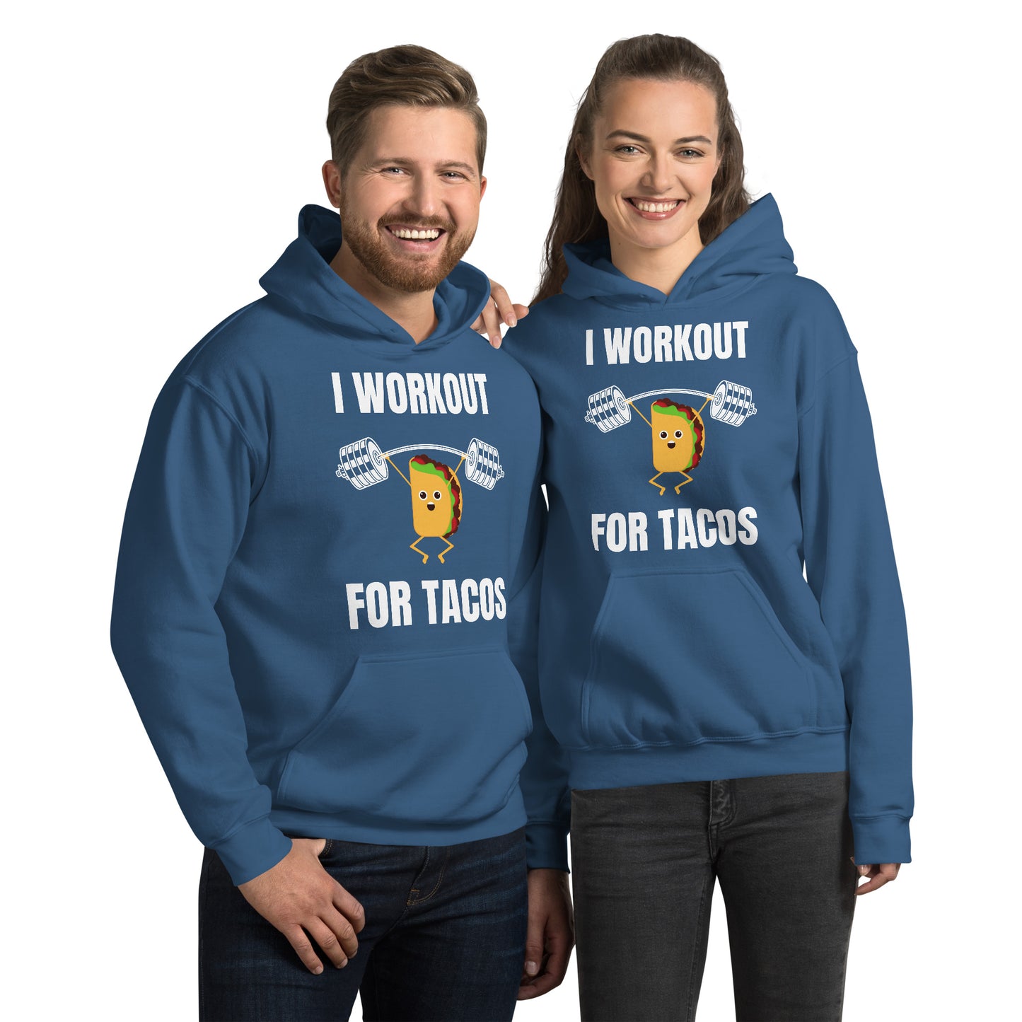 "I Workout for Tacos" Unisex Hoodie White Text Lifting Taco by Dumbbells and Hotels