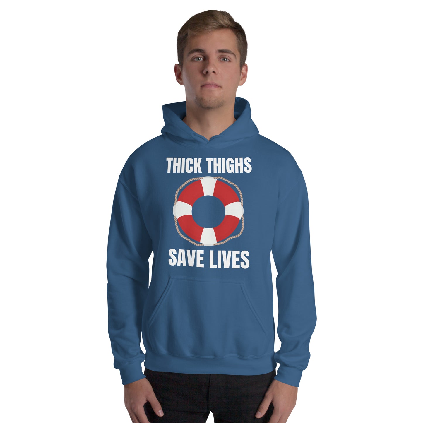 "Thick Thighs Save Lives" Unisex Hoodie White Text Live Preserver by Dumbbells and Hotels