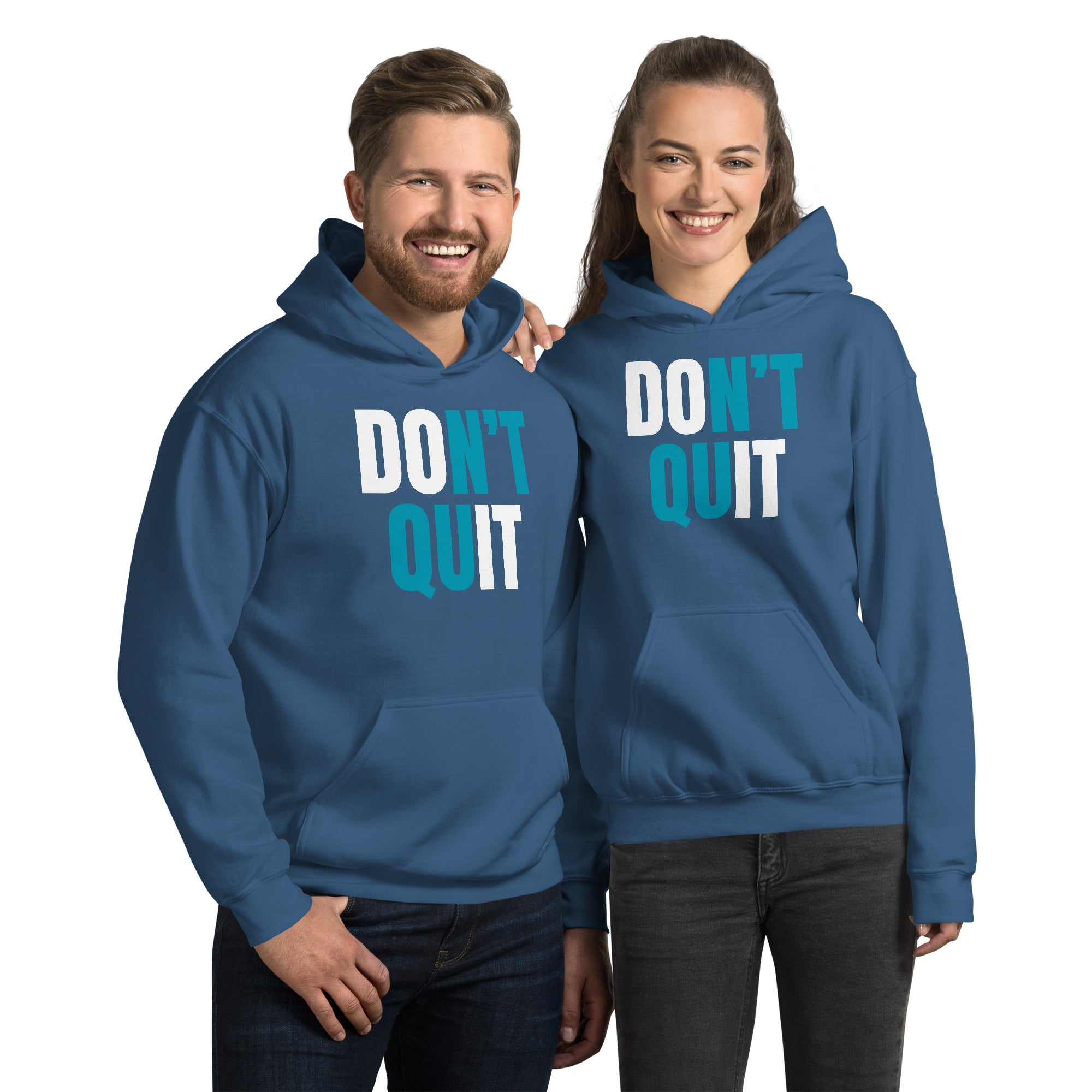 "Don't Quit" Unisex Hoodie White & Turquoise Text by Dumbbells and Hotels