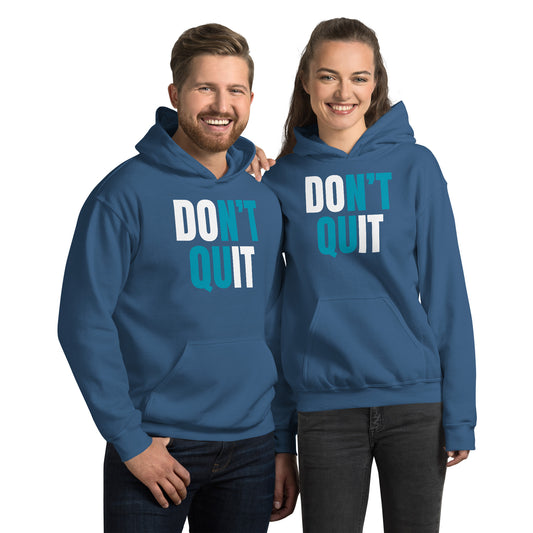 "Don't Quit" Unisex Hoodie White & Turquoise Text by Dumbbells and Hotels