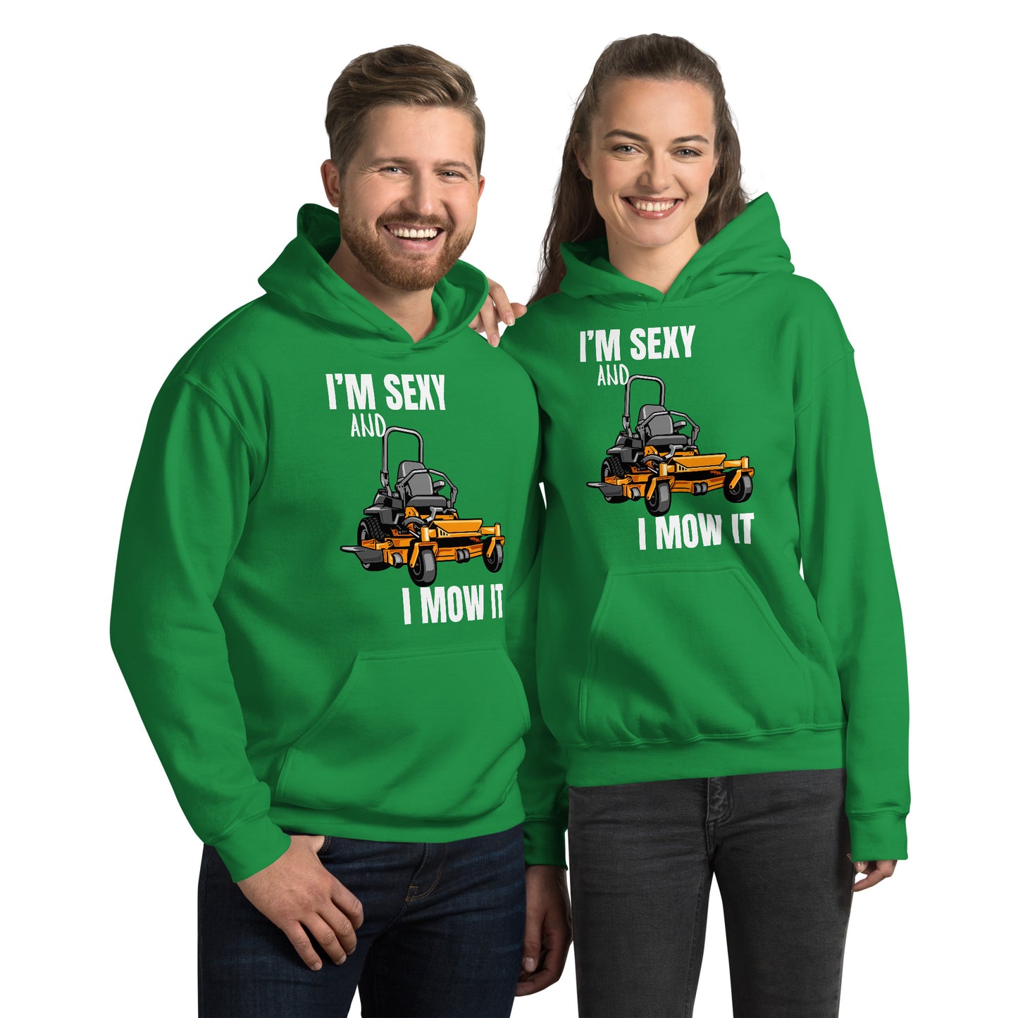 "I'm Sexy and I Mow it" Unisex Hoodie White Text Cartoon Mower by Dumbbells and Hotels