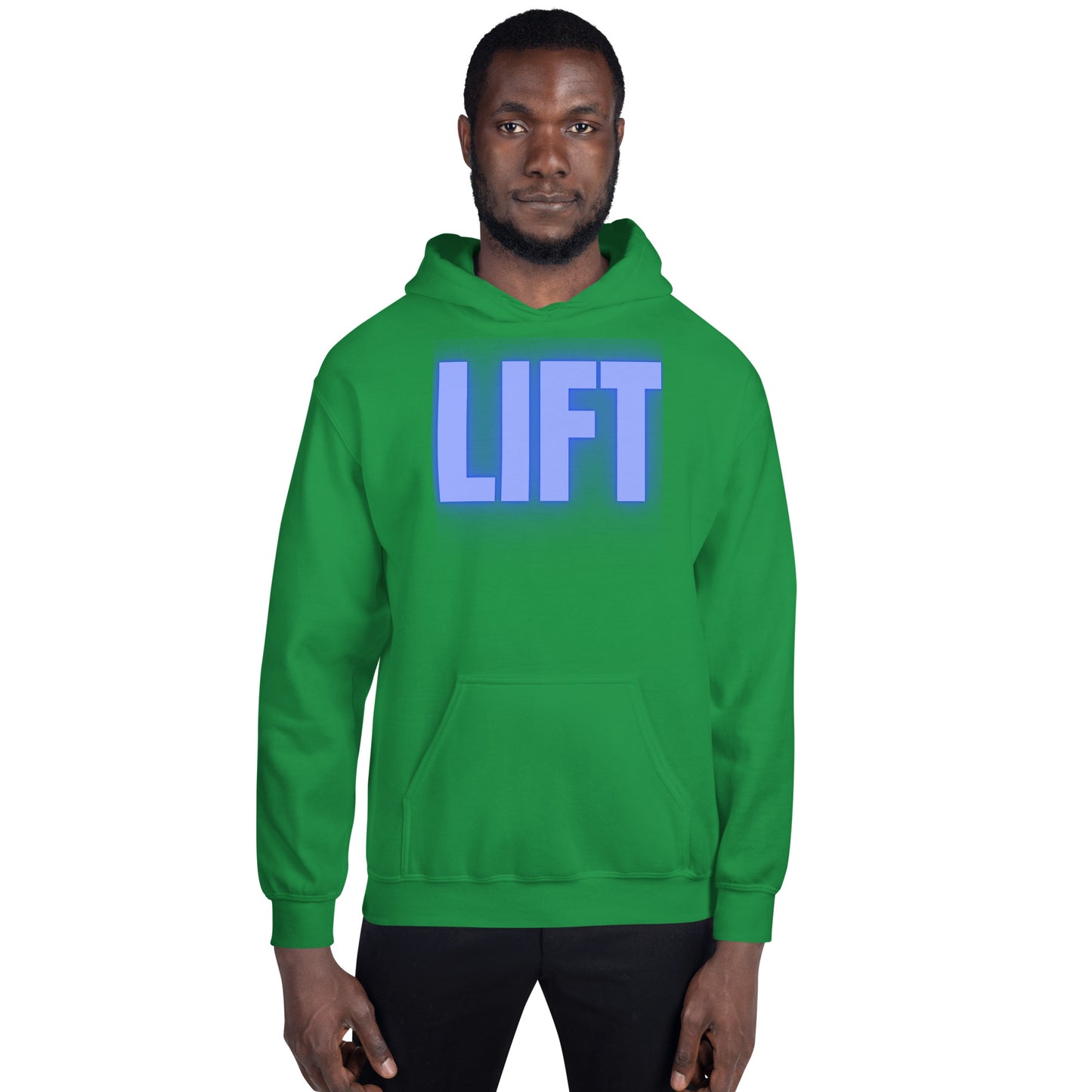 "Lift" Unisex Hoodie Blue Text Glow by Dumbbells and Hotels