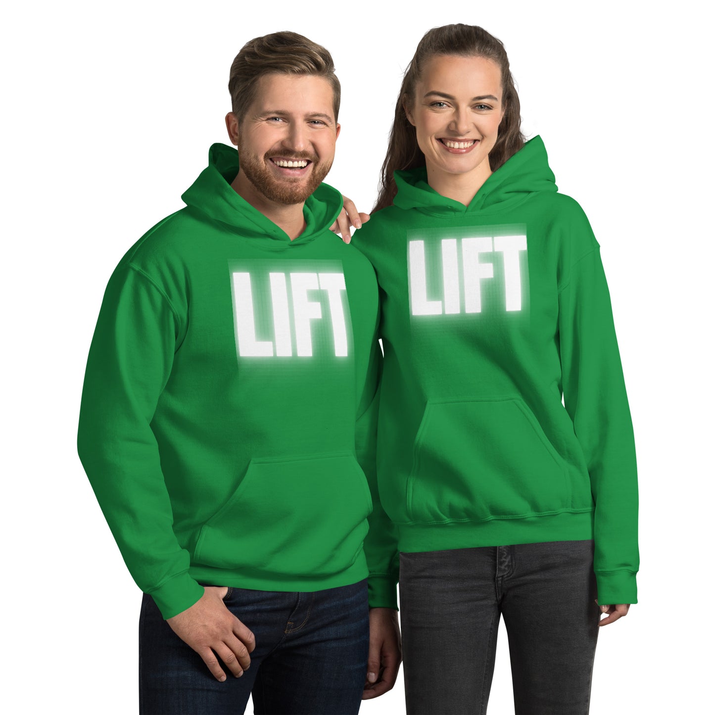 "Lift" Unisex Hoodie White Text Glow by Dumbbells and Hotels