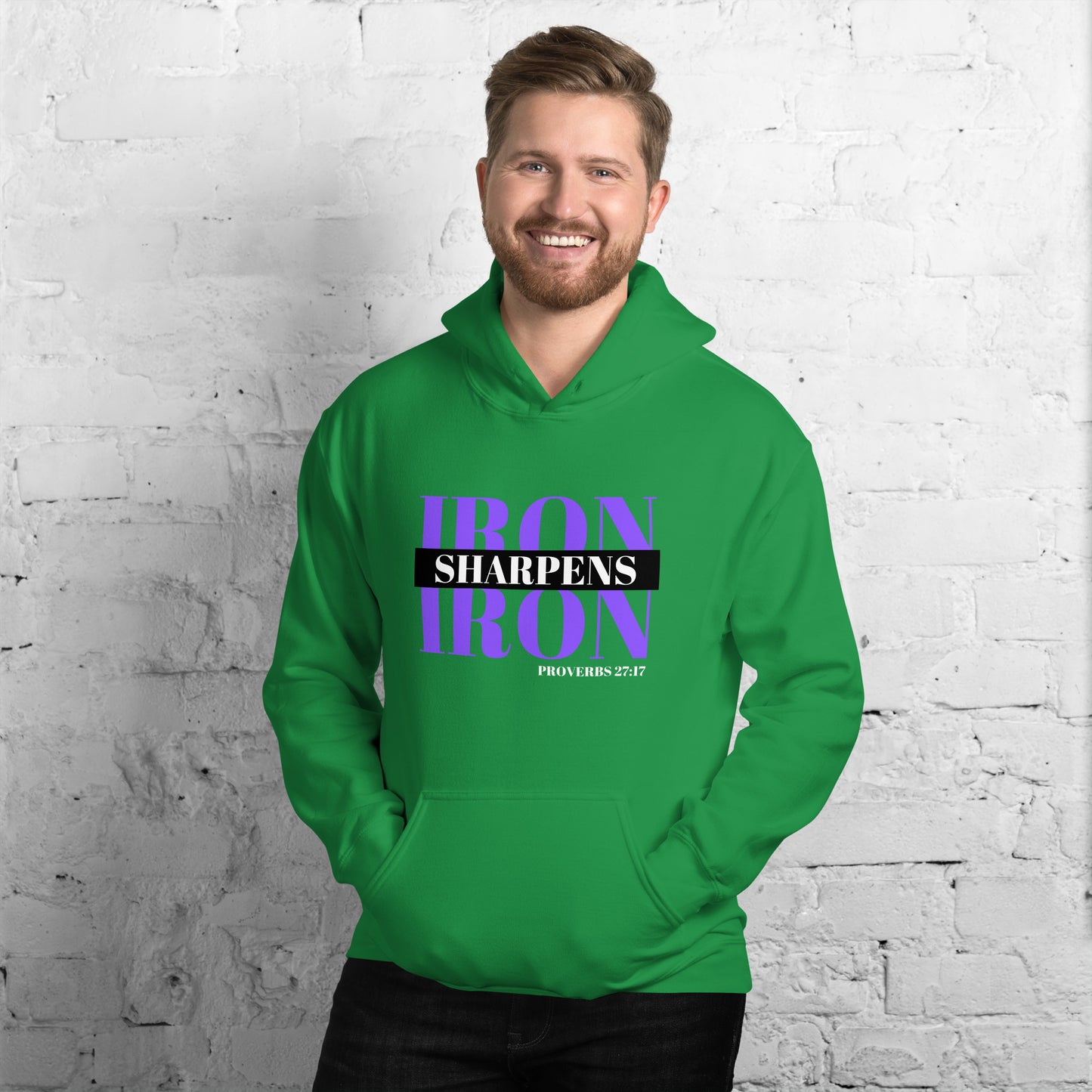 "Iron Sharpens Iron. Proverbs 27:17" Unisex Hoodie Purple Text Stack by Dumbbells and Hotels