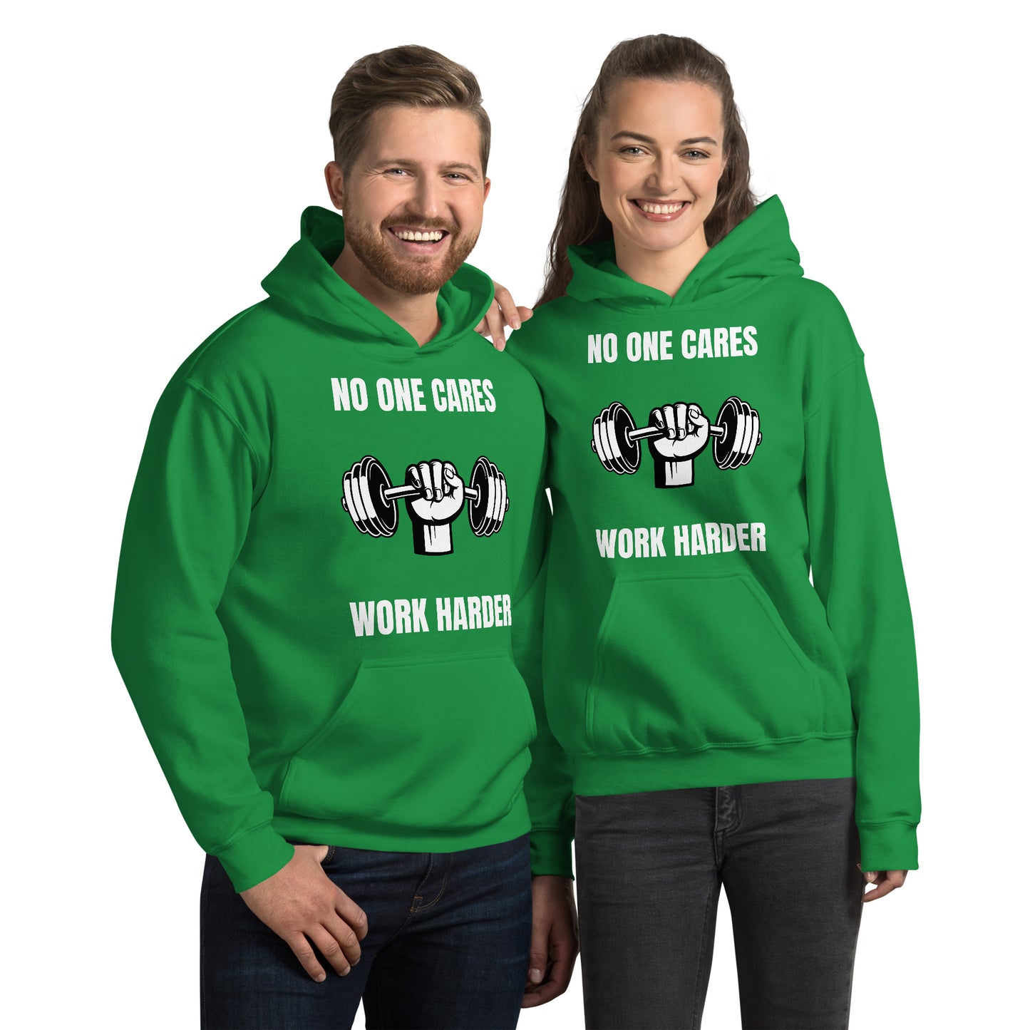 "No One Cares. Work Harder" Unisex Hoodie White Text Hand & Dumbbell by Dumbbells and Hotels