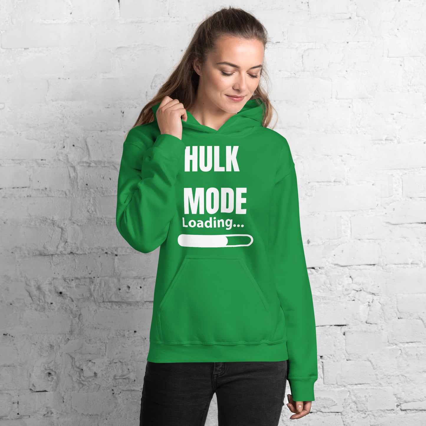 "Hulk Mode" Unisex Hoodie White Text White Loading by Dumbbells and Hotels