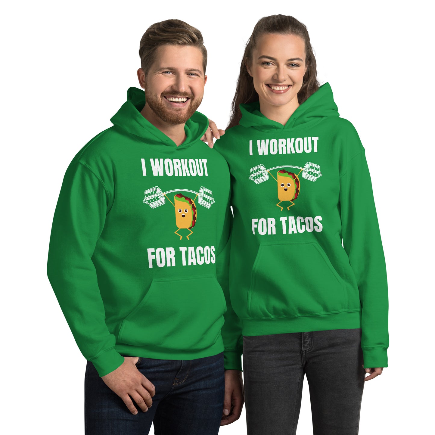 "I Workout for Tacos" Unisex Hoodie White Text Lifting Taco by Dumbbells and Hotels