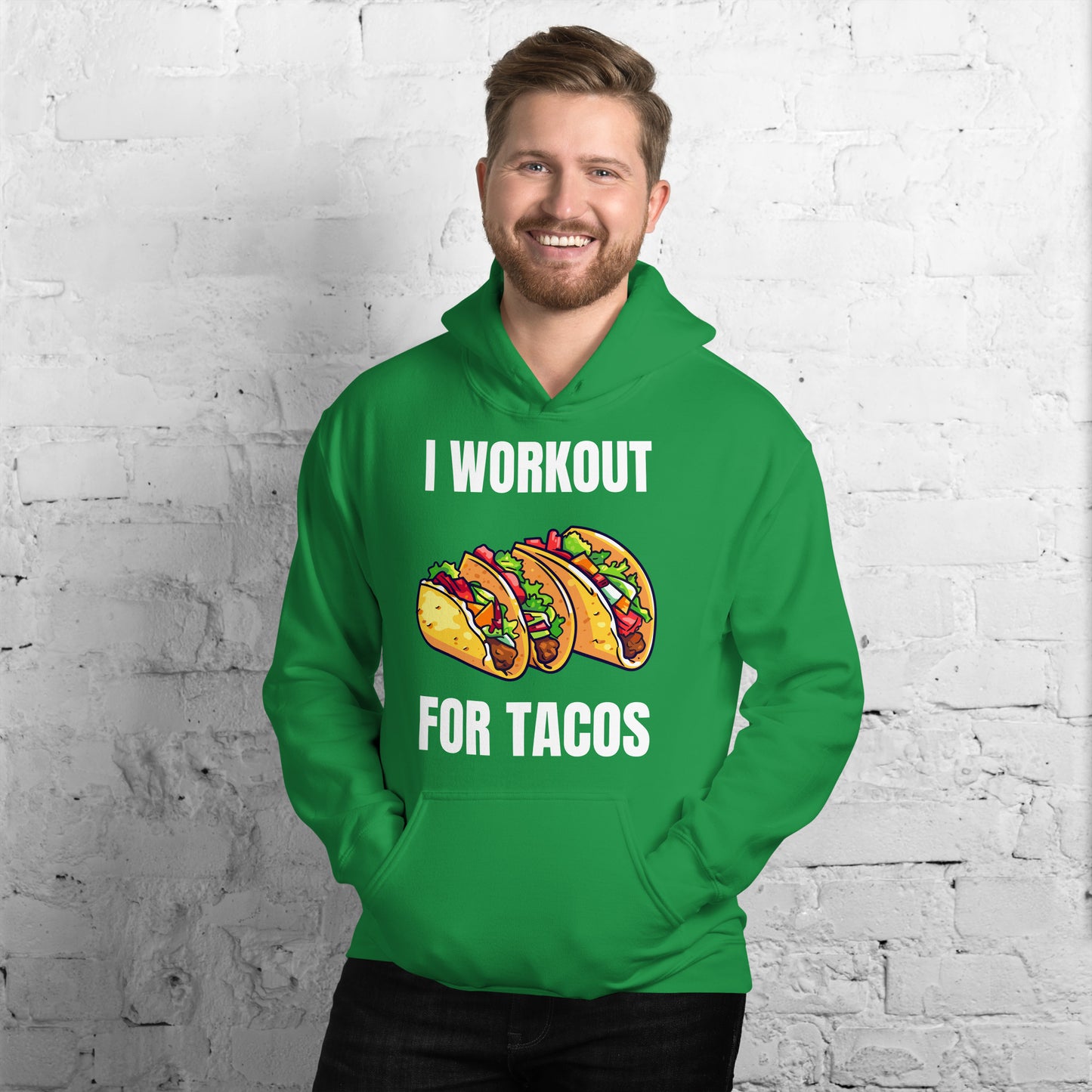 "I Workout for Tacos" Unisex Hoodie White Text Three Tacos by Dumbbells and Hotels