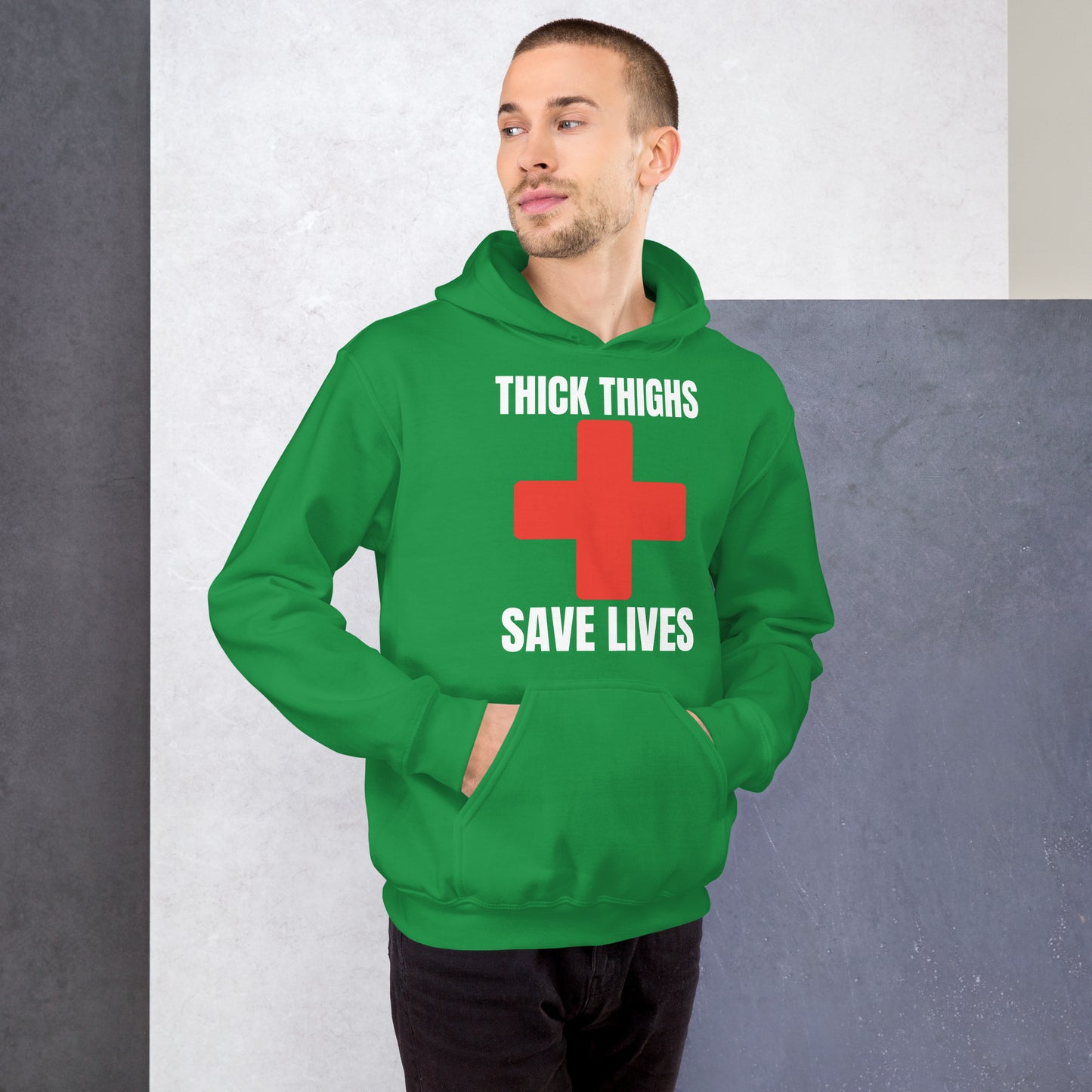 "Thick Thighs Save Lives" Unisex Hoodie White Text Red Cross by Dumbbells and Hotels