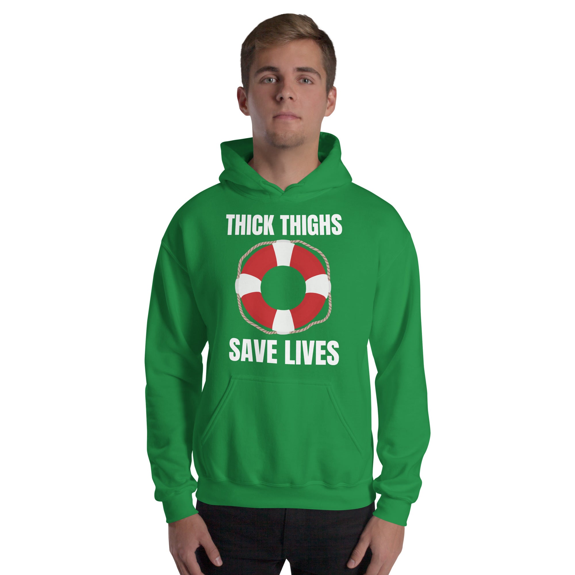 "Thick Thighs Save Lives" Unisex Hoodie White Text Live Preserver by Dumbbells and Hotels