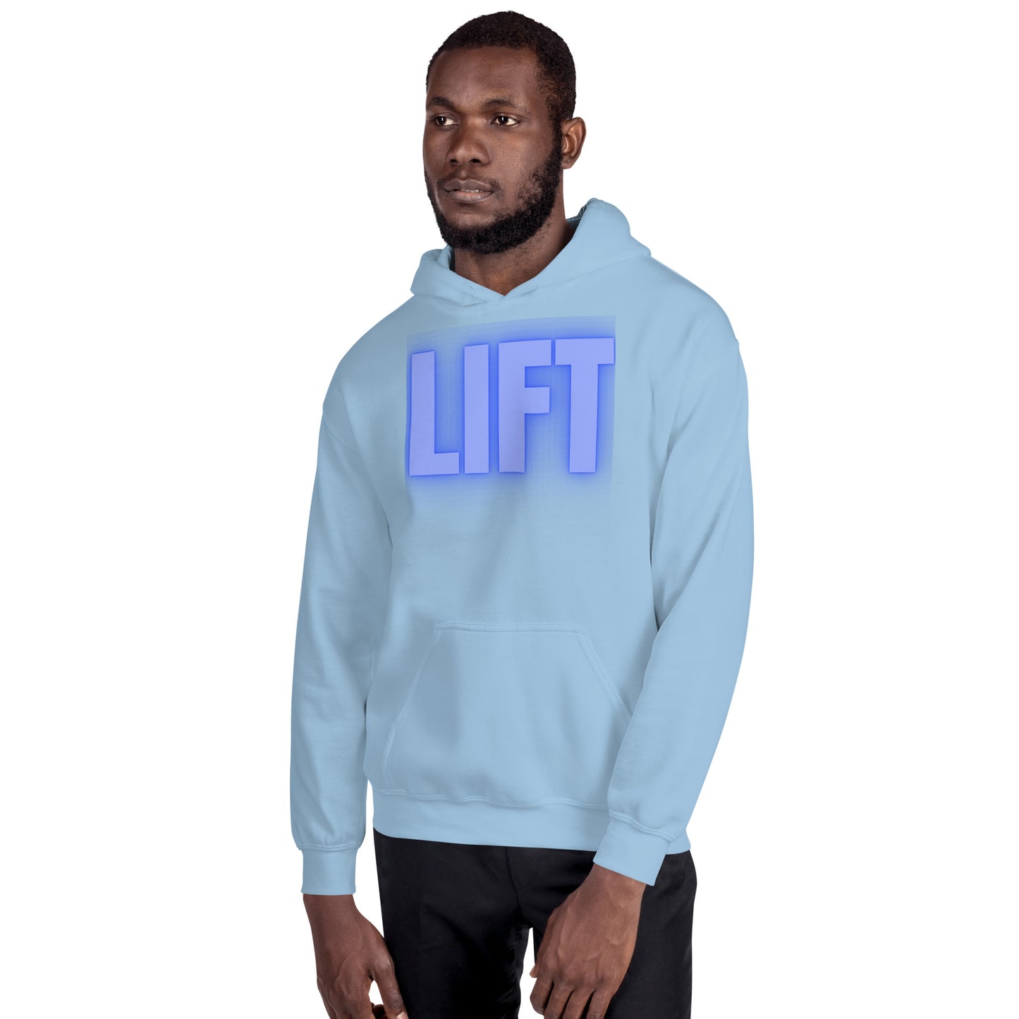 "Lift" Unisex Hoodie Blue Text Glow by Dumbbells and Hotels