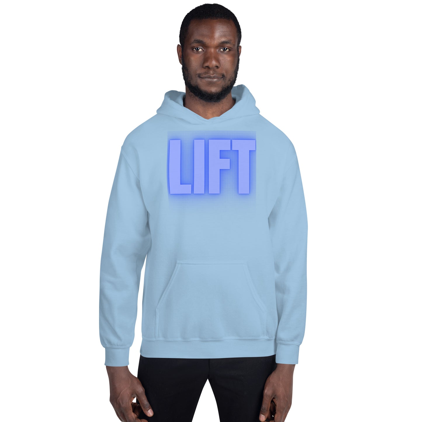 "Lift" Unisex Hoodie Blue Text Glow by Dumbbells and Hotels