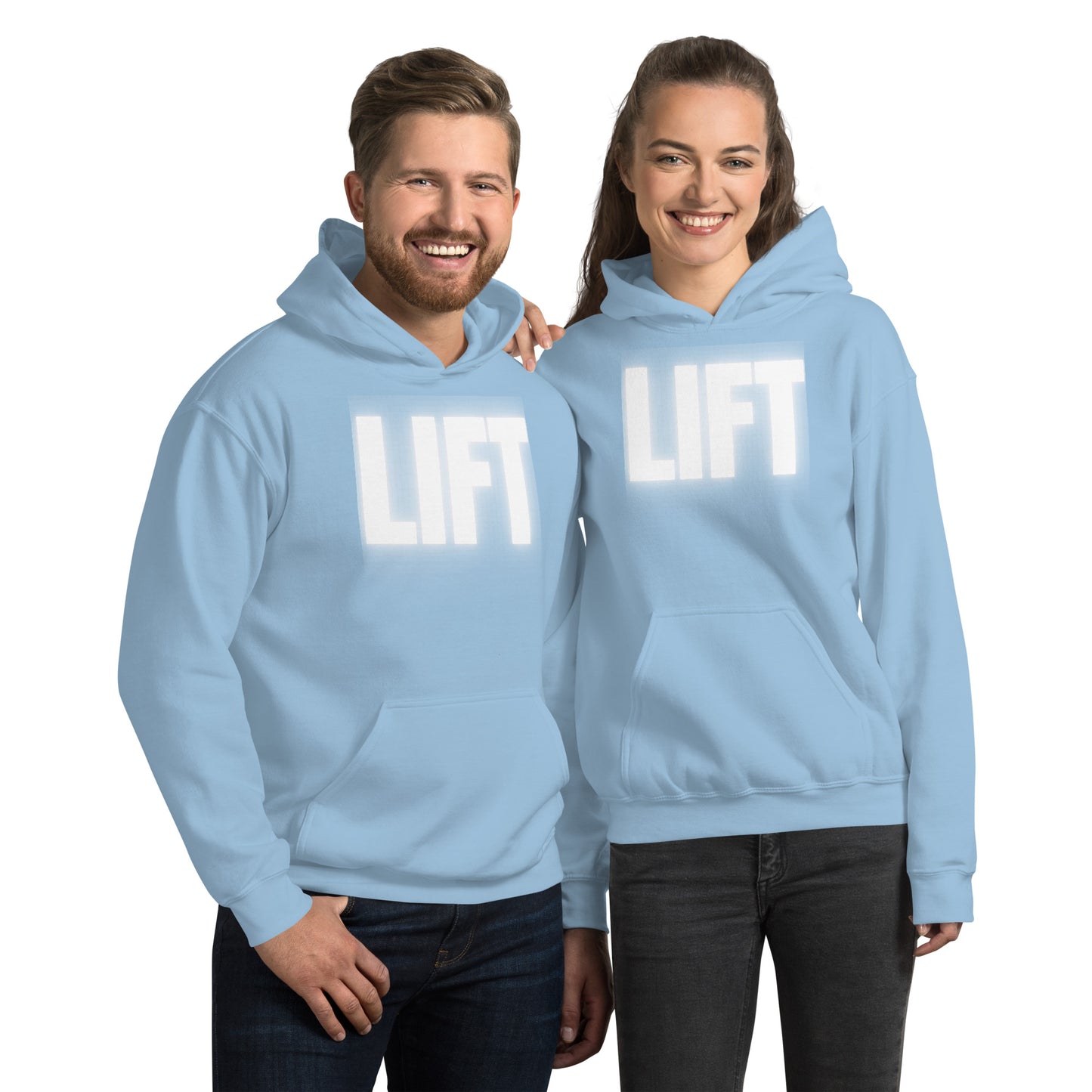 "Lift" Unisex Hoodie White Text Glow by Dumbbells and Hotels